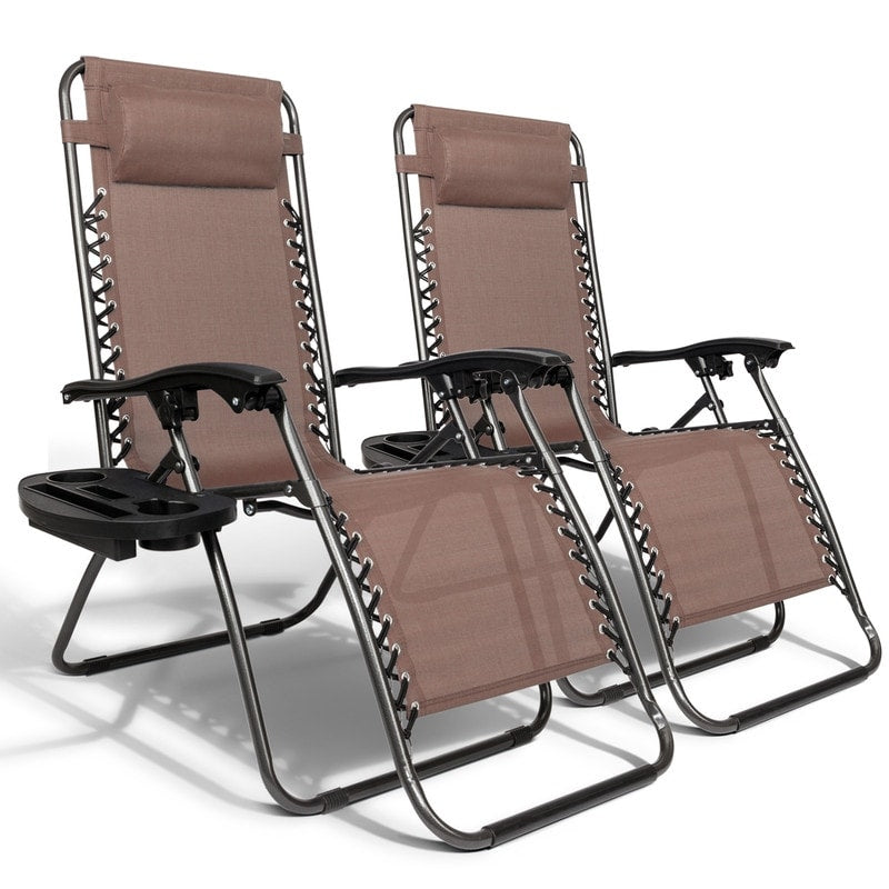 2 Pack Folding Recliner Zero Gravity Chaise Lounge Chair W Cup Holder Black