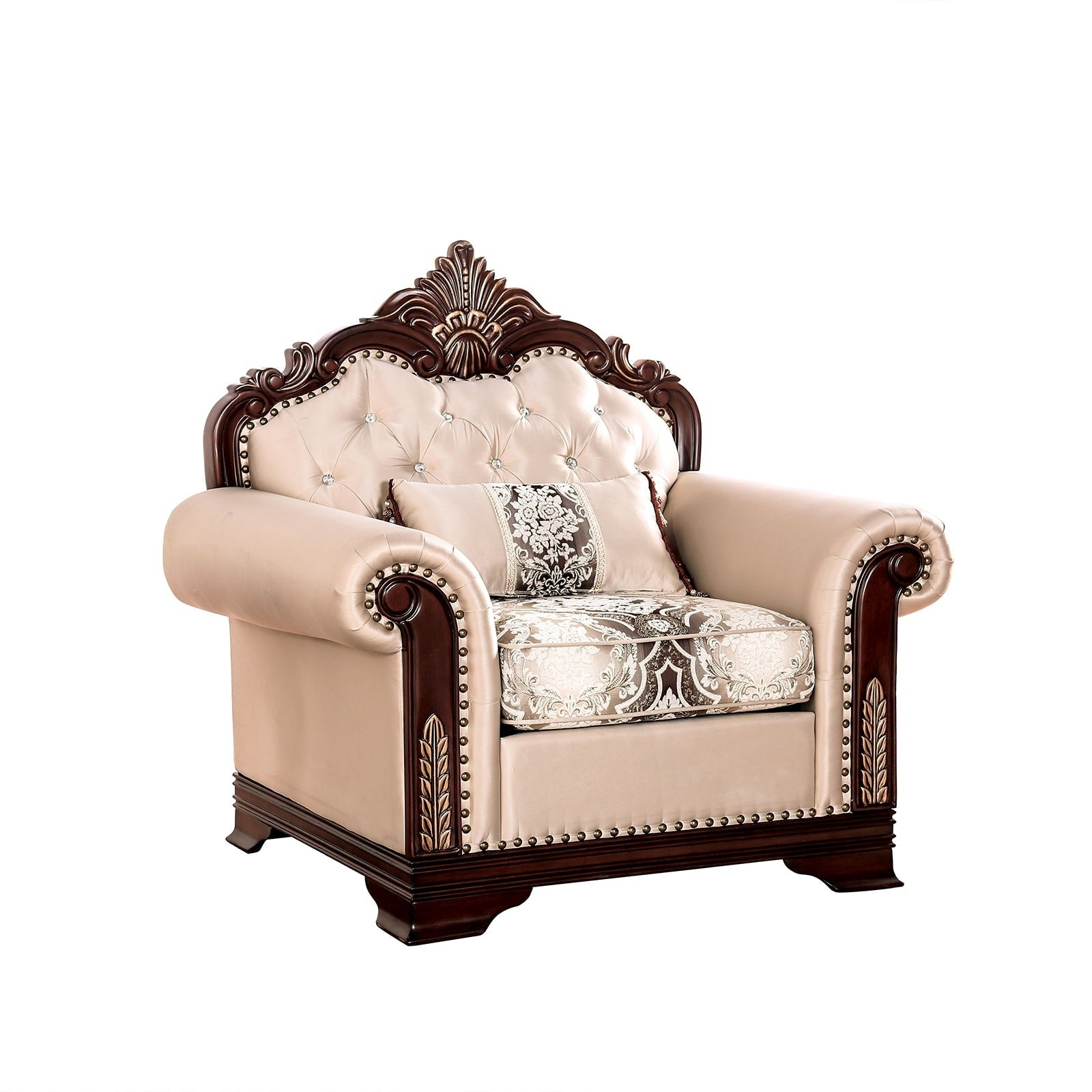 Formal 1Pc Chair Dark Cherry Beige Finish Button Tufted Upholstered Carved Details