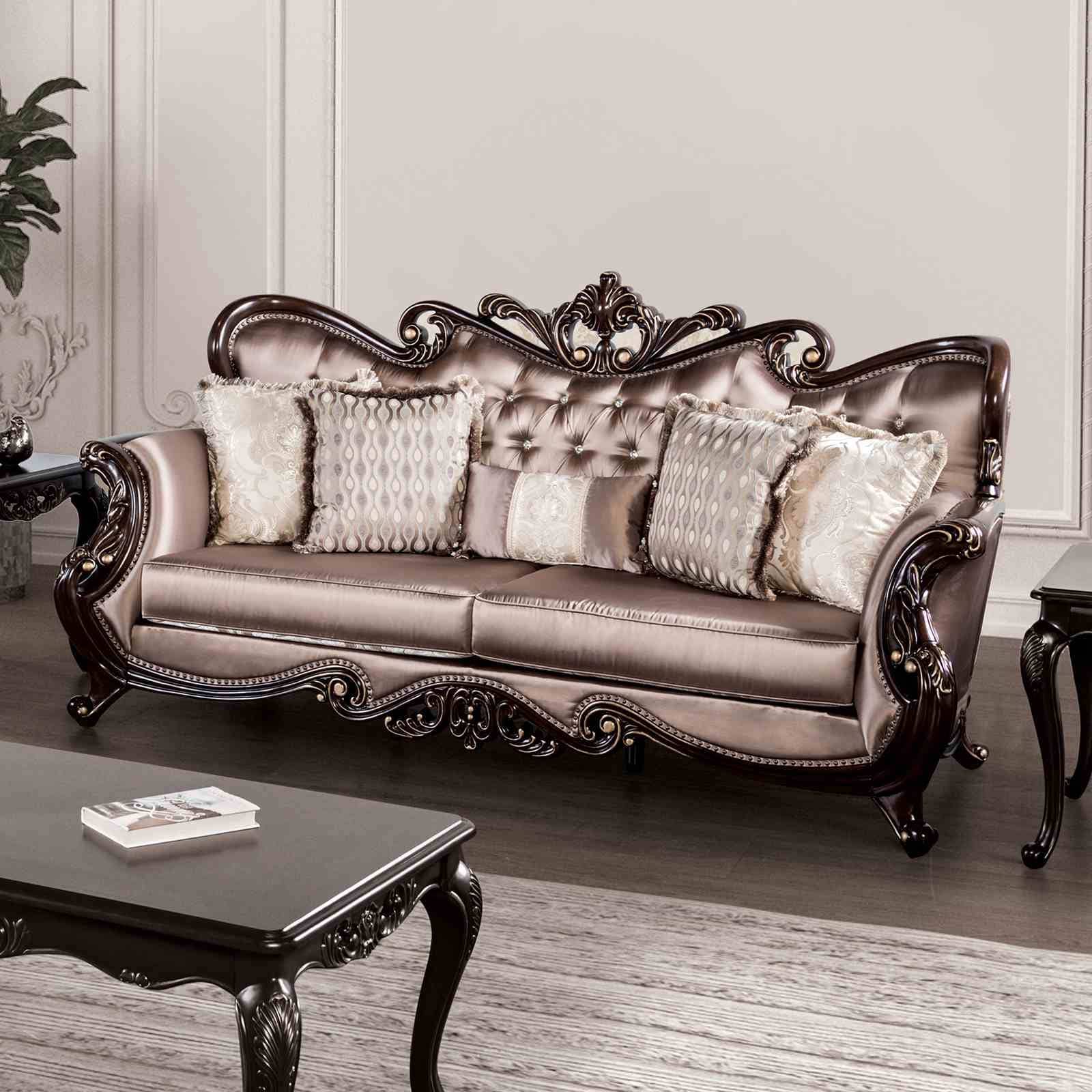 Formal Tufted Back Carved Details Brown Finish Velvet Sofa 1Pc