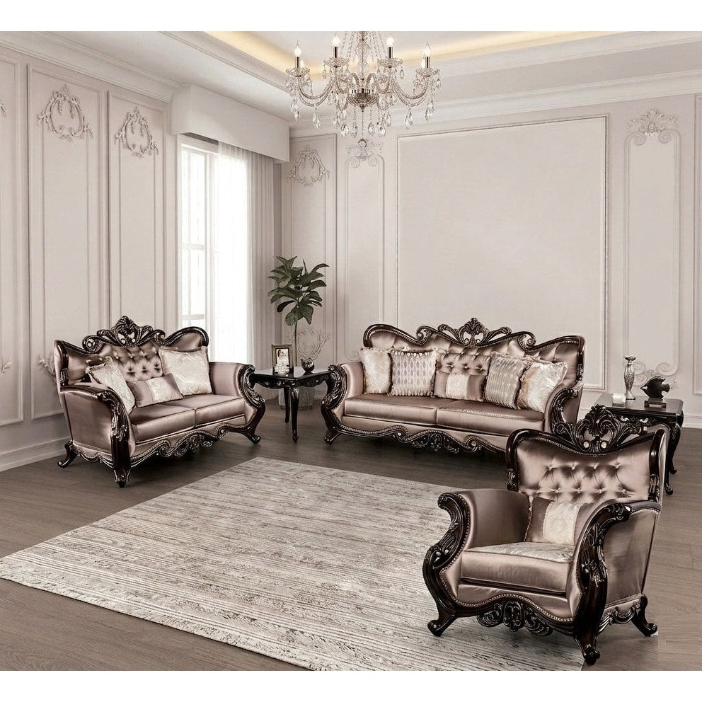 Formal Velvet Upholstered Solid Wood Sofa Set Carved Details Brown Finish