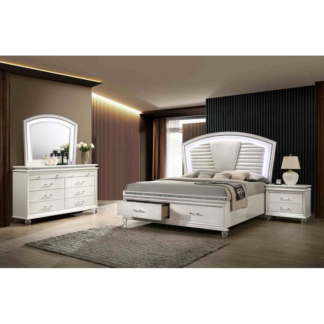 Formal White Finish Solid Wood Led Bed W Footboard Drawers Bedroom Set