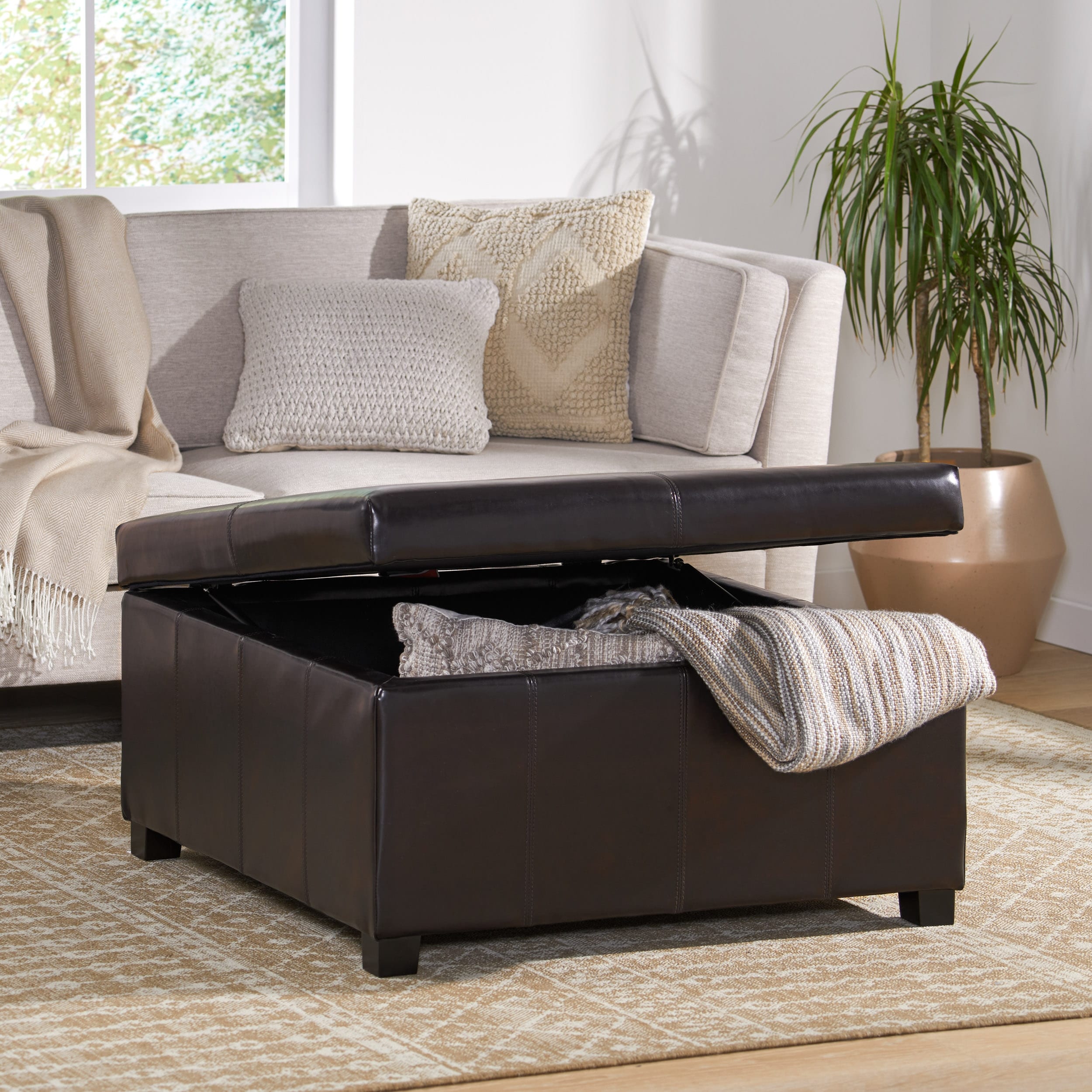 Forrester Espresso Bonded Leather Square Storage Ottoman By Christopher Knight Home