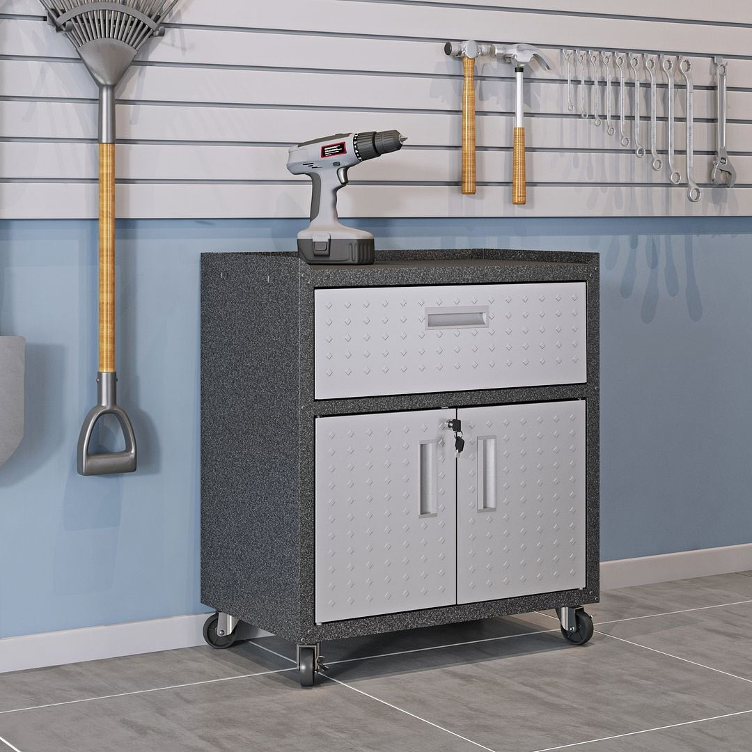 Fortress Textured Metal 31.5 Garage Mobile Cabinet With 1 Full Extension Drawer And 2 Adjustable Shelves In Grey