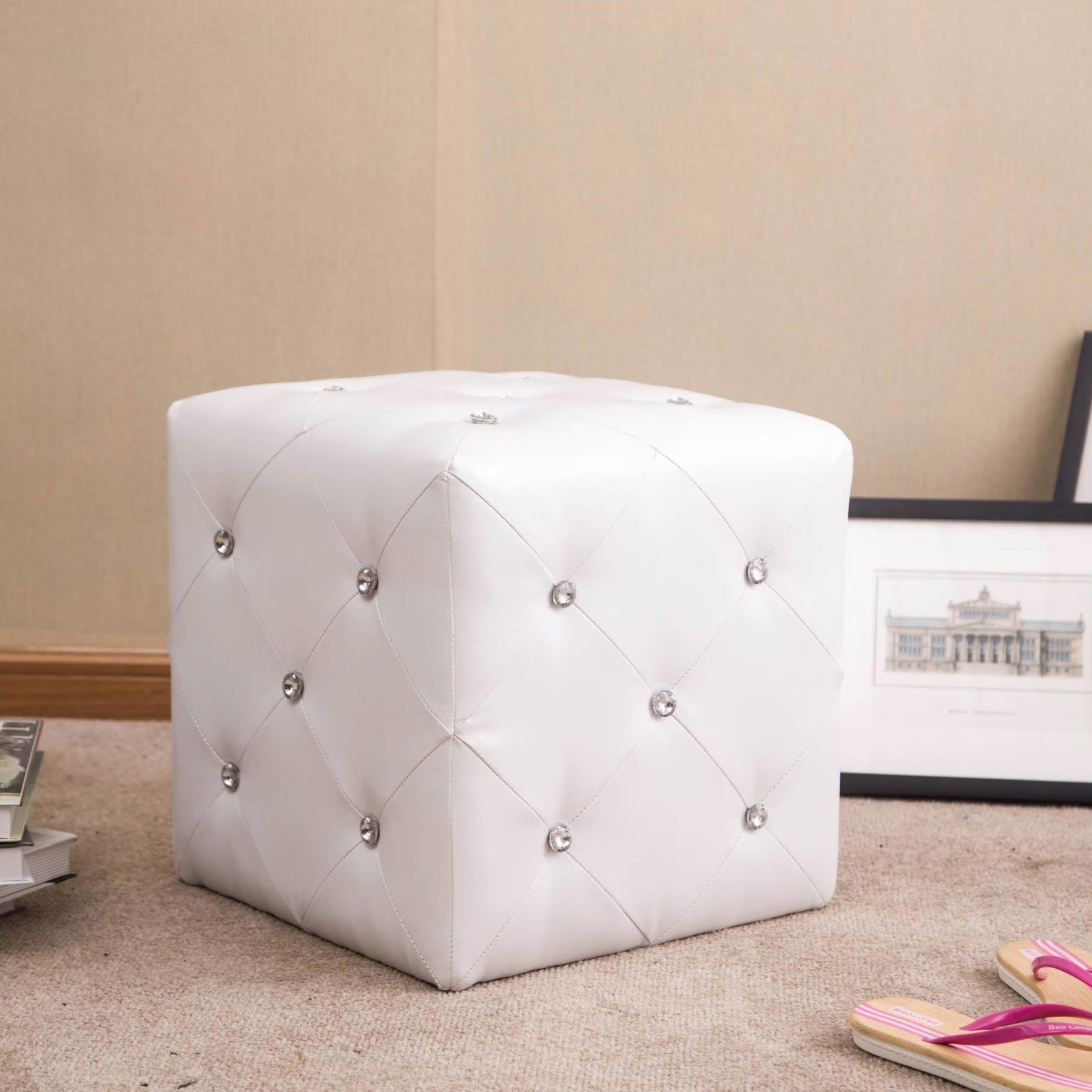 Forza White Cubed Ottoman Stool With Crystal Accents