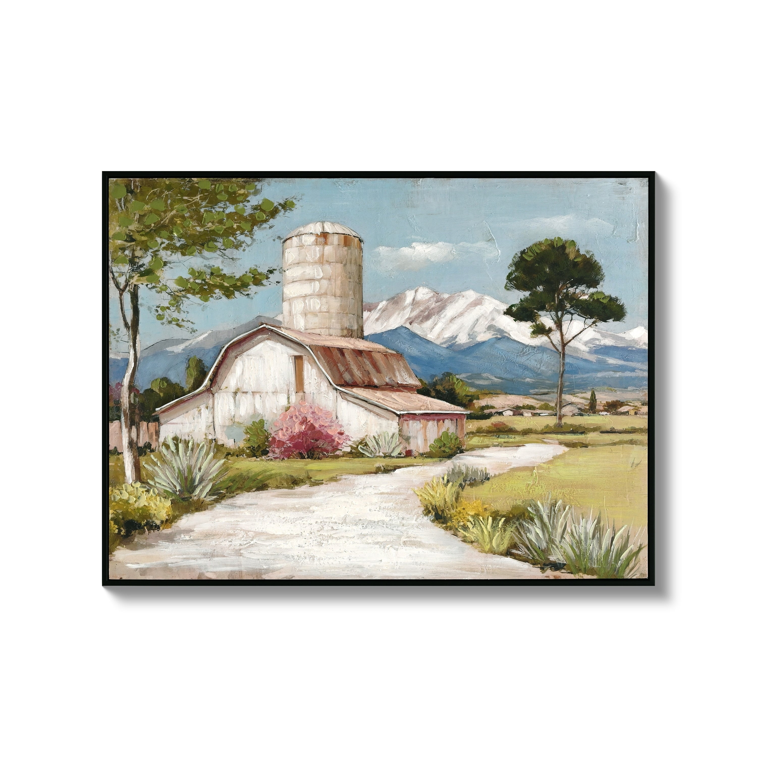 Framed Rustic Farmhouse Canvas Wall Art. Beautiful Field Painting Wildflower Barn Print Nature Scenery Picture