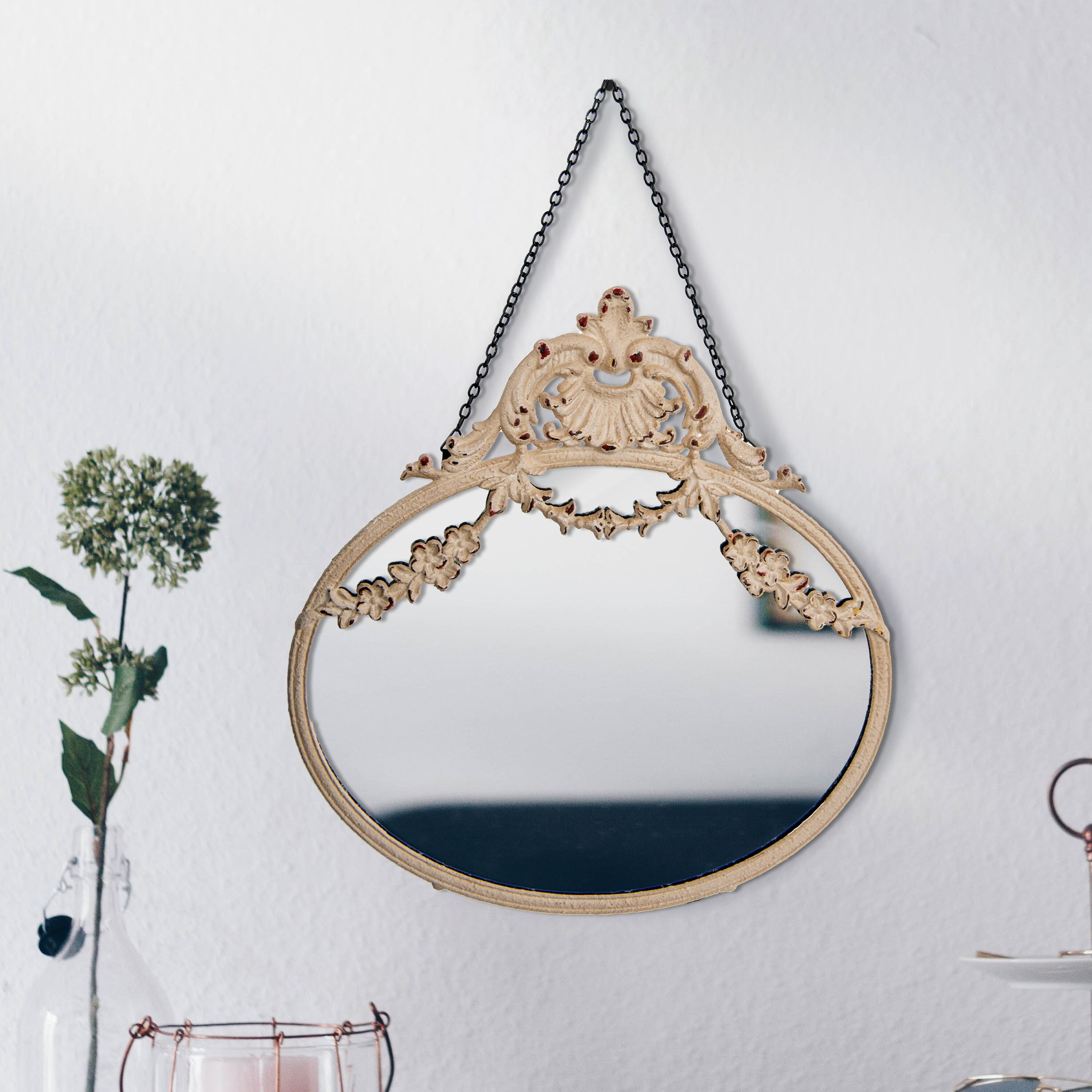 Antique Inspired Hanging Oval Mirror With Pewter Frame