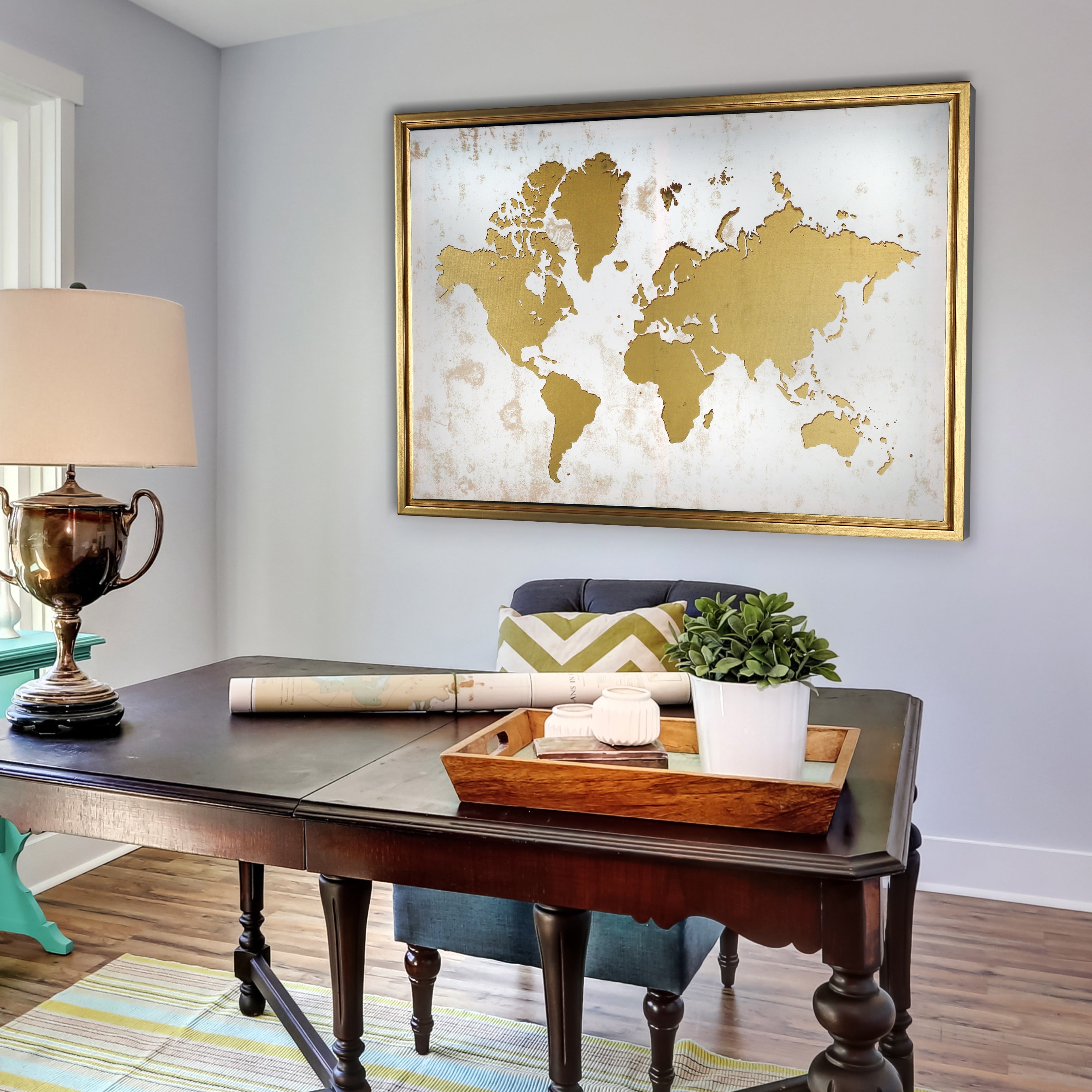 Framed White And Gold World Map