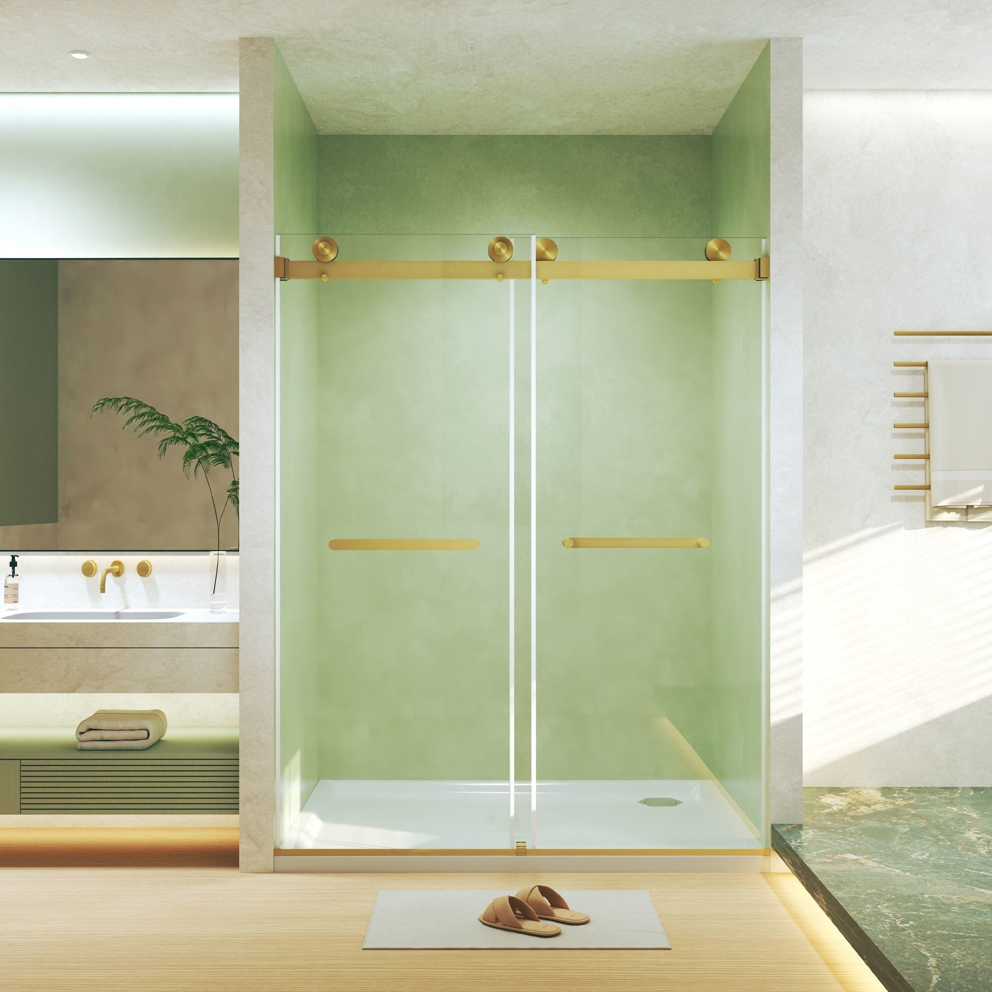 Frameless Double Sliding Shower Doors Tempered Glass Safety Film Stainless Steel Handles Square Tube Tracks