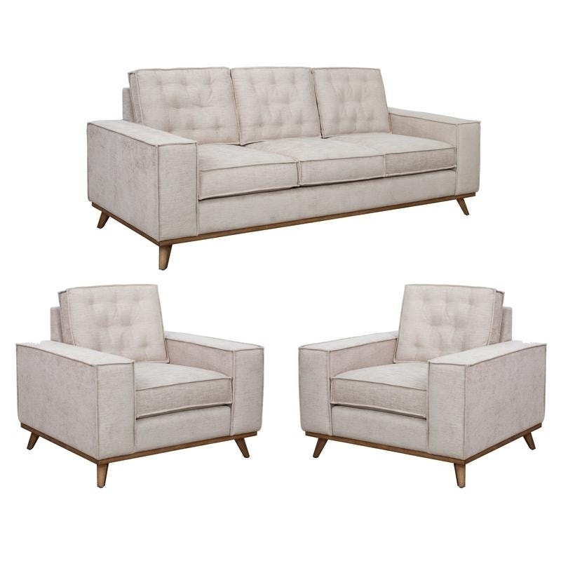 Frank Beige Tufted Mid Century Modern Sofa And Two Chairs