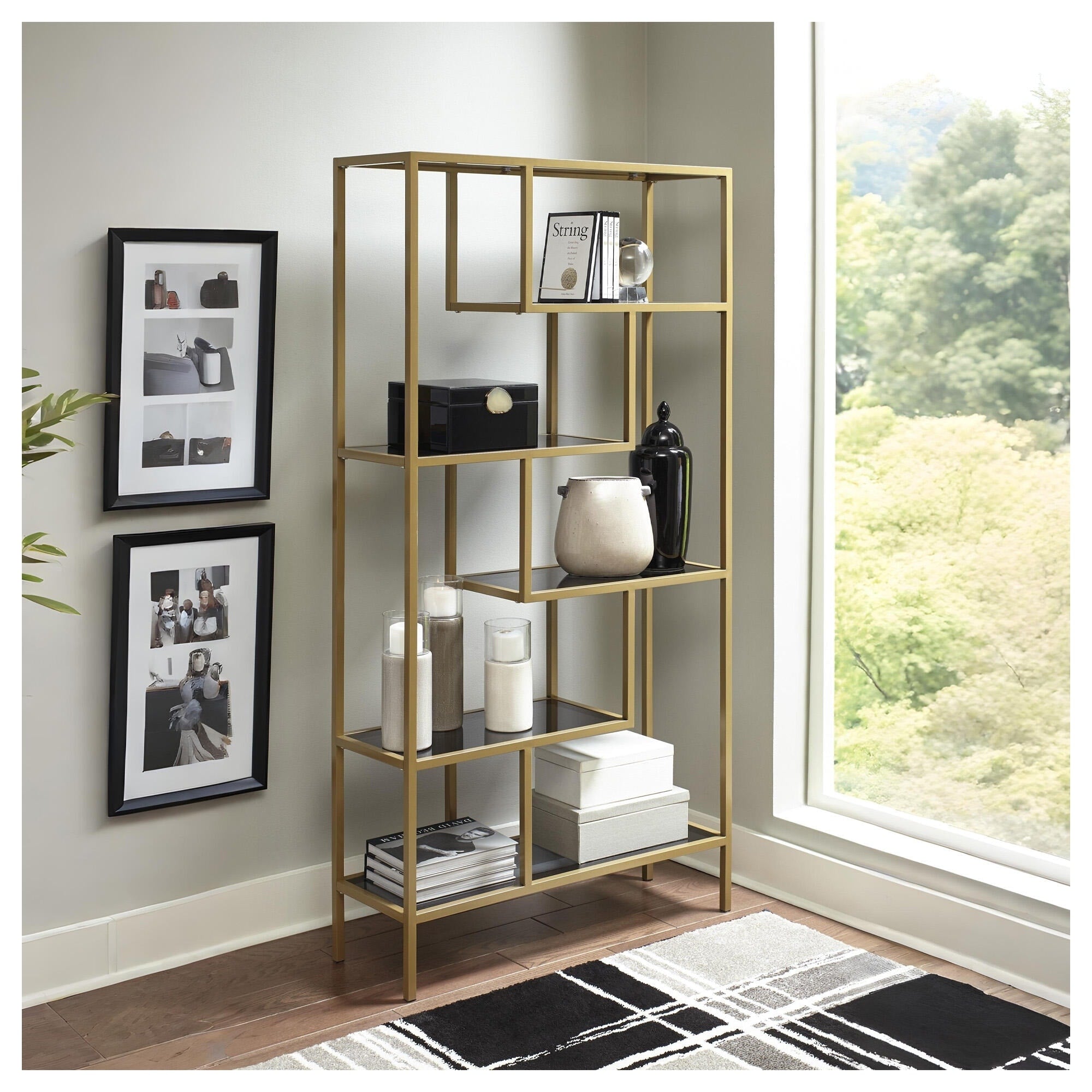 Frankwell Gold Finished Glass Metal Tiered Open Shelf Bookcase 36 W X 12 D X 70 H