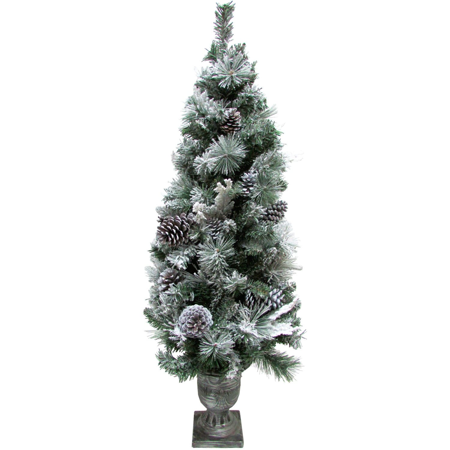 Fraser Hill Farm 4 Ft. Christmas Snow Flocked Porch Tree With Oversized Pinecones In Ornamental Pot 4 Foot
