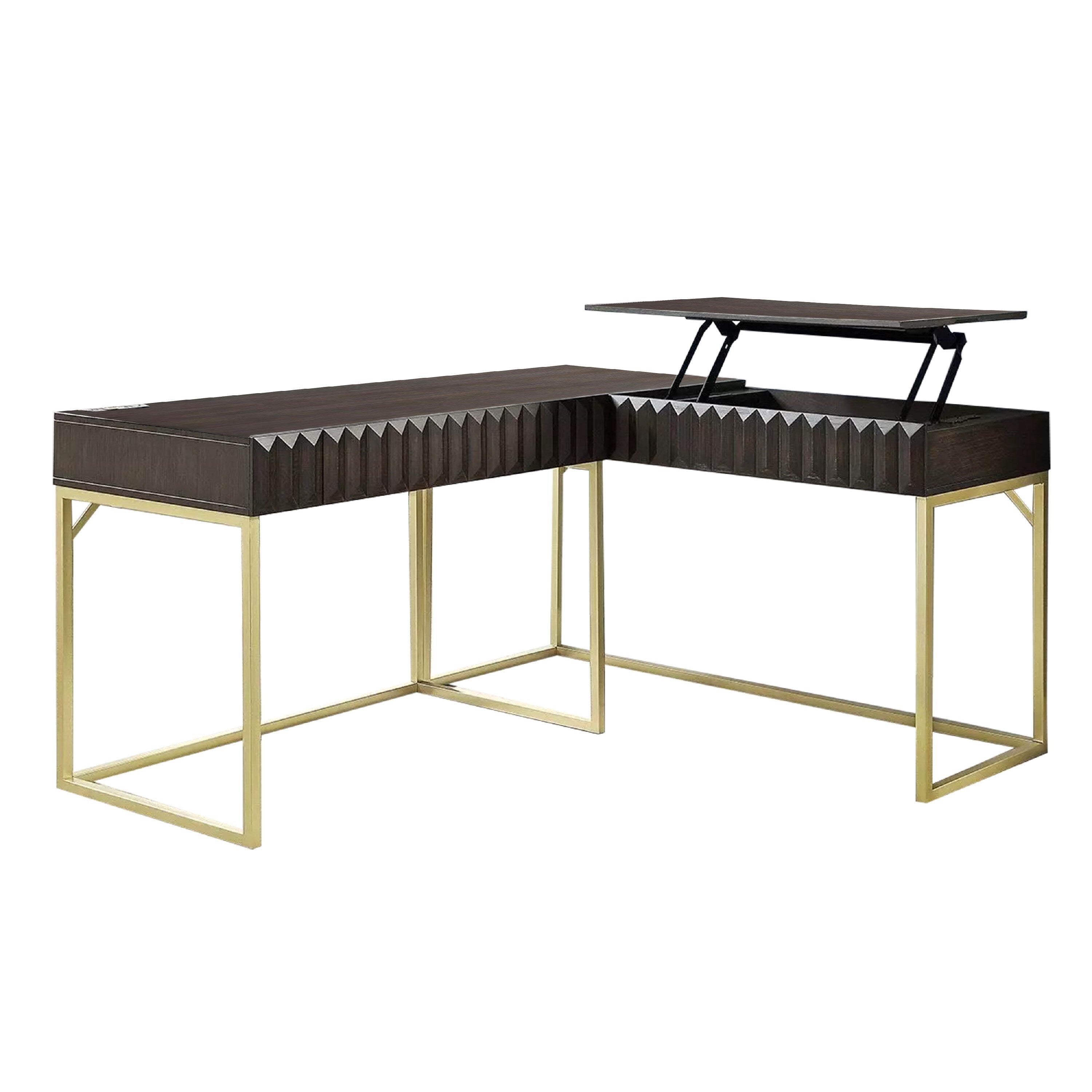 Fredie Corner Desk With Lift Top Usb Port Gold Frame Walnut Brown