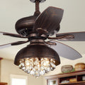 Fredix 5 Blade 52 Inch Speckled Bronze Ceiling Fan With Hooded Crystal Chandelier Remote Controlled