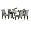 Fredy 7Pc Dining Table Set Dual Pedestal Base 6 Beige Fabric Chairs