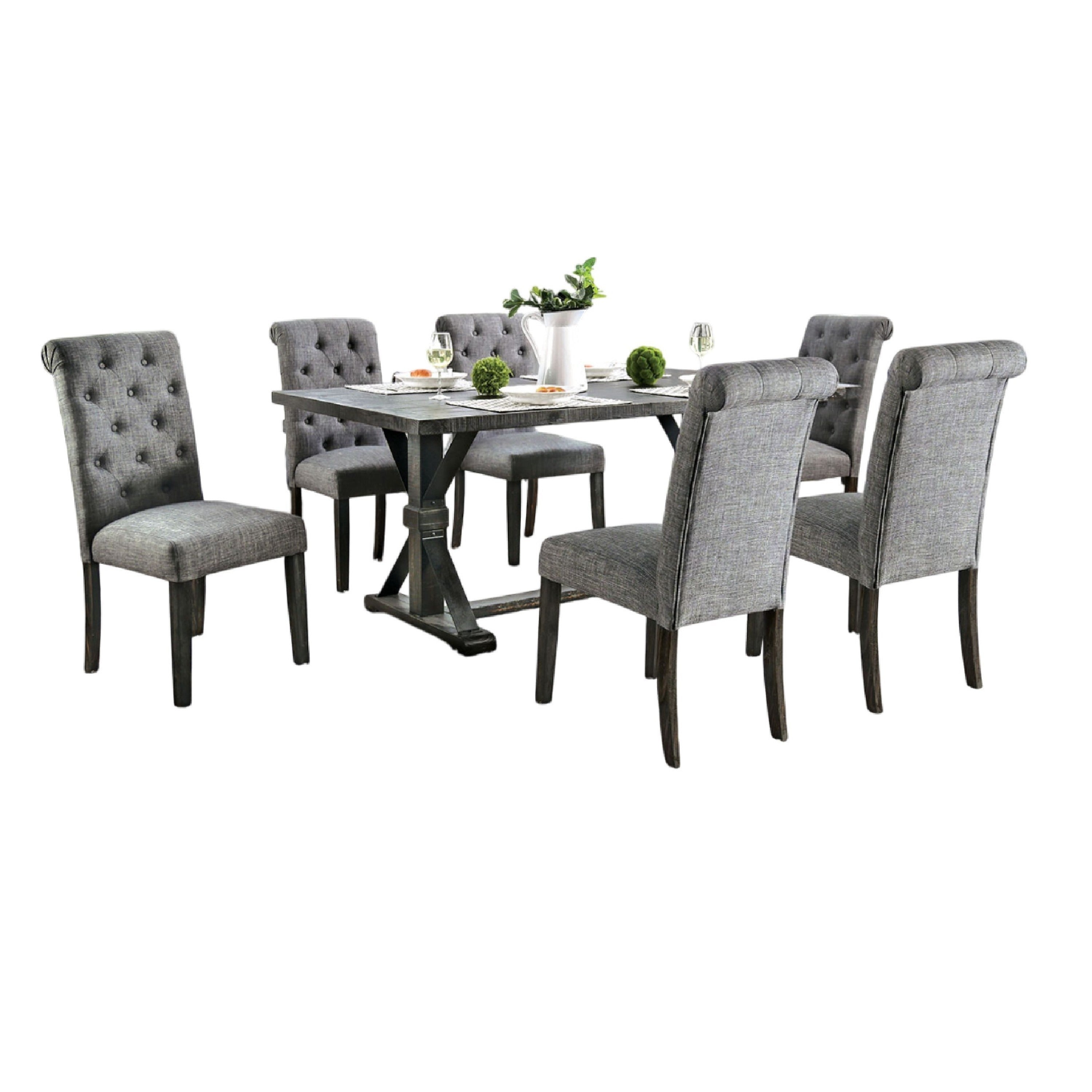 Fredy 7Pc Dining Table Set Dual Pedestal Base 6 Beige Fabric Chairs