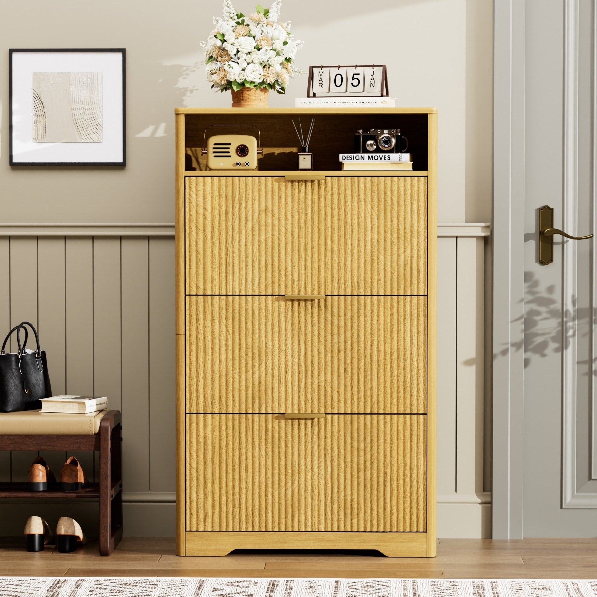 Free Standing Shoe Organizer Rack For Hallway Shoe Cabinet Natural Entryway Cabine With 2 Flip Drawers