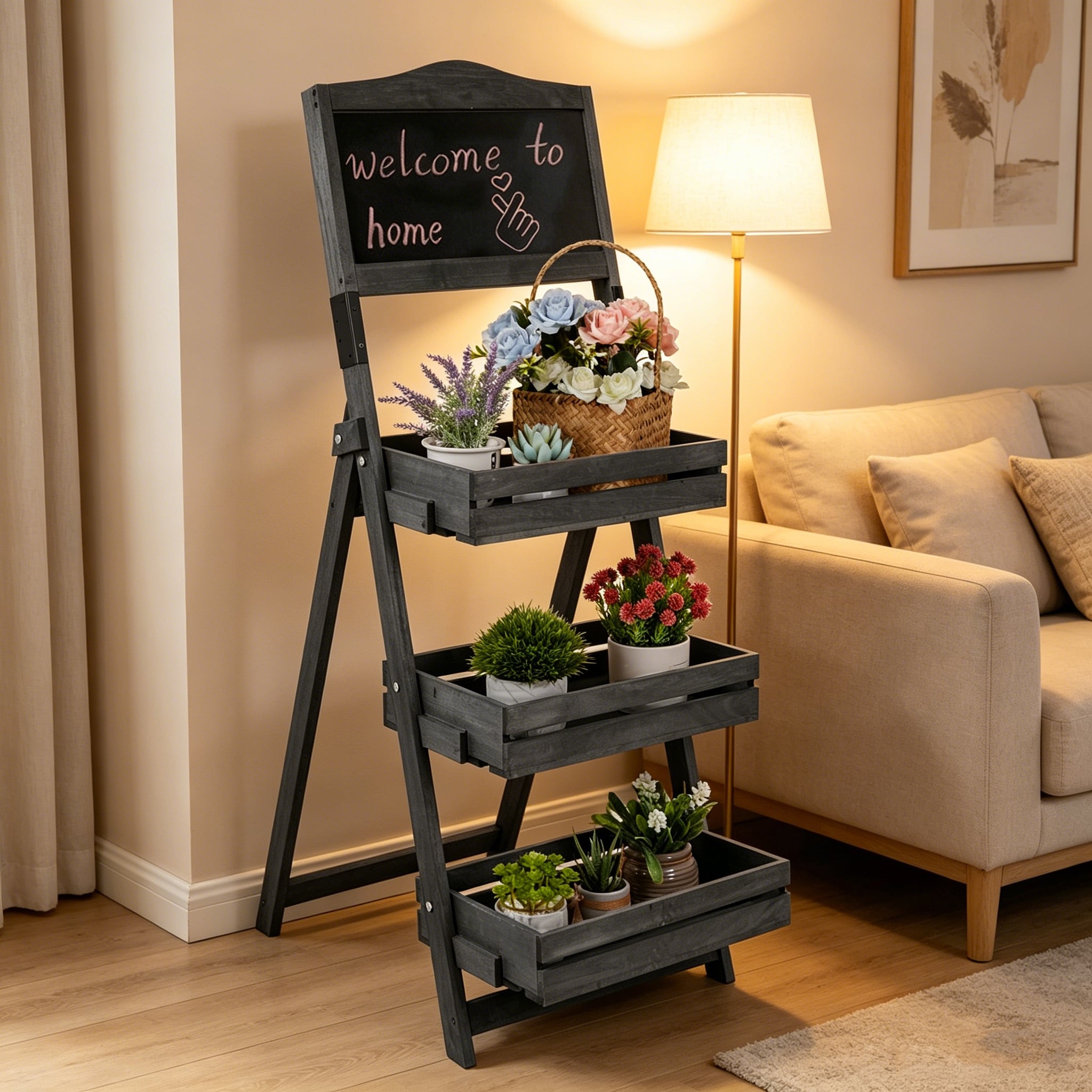 Free Standing Writing Chalkboard Display Blackboard With 3 Tier Plant Shelves Flower Rack 14.9 X19.7 X41.7