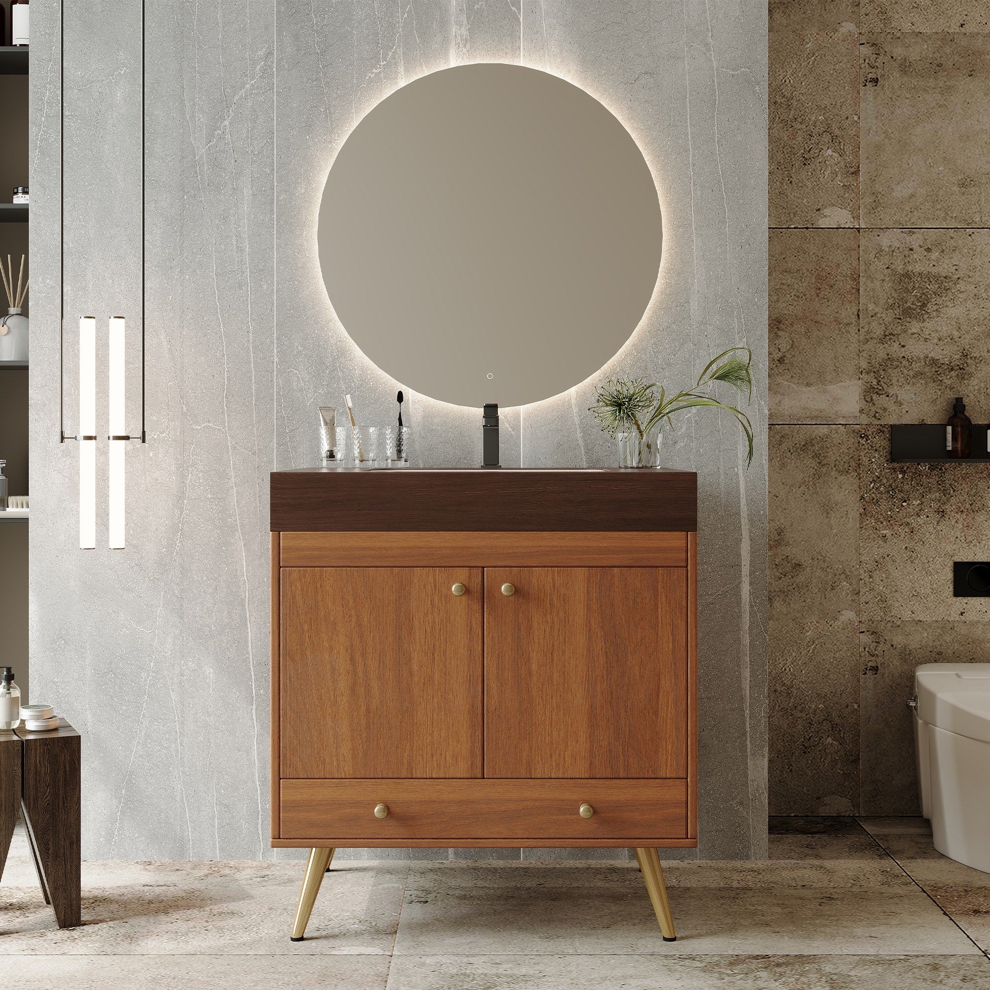 Free Standing Bathroom Vanity With Faux Marble Top Ceramic Sink 30 Double Door Storage Cabinet Waterproof Engineered Wood