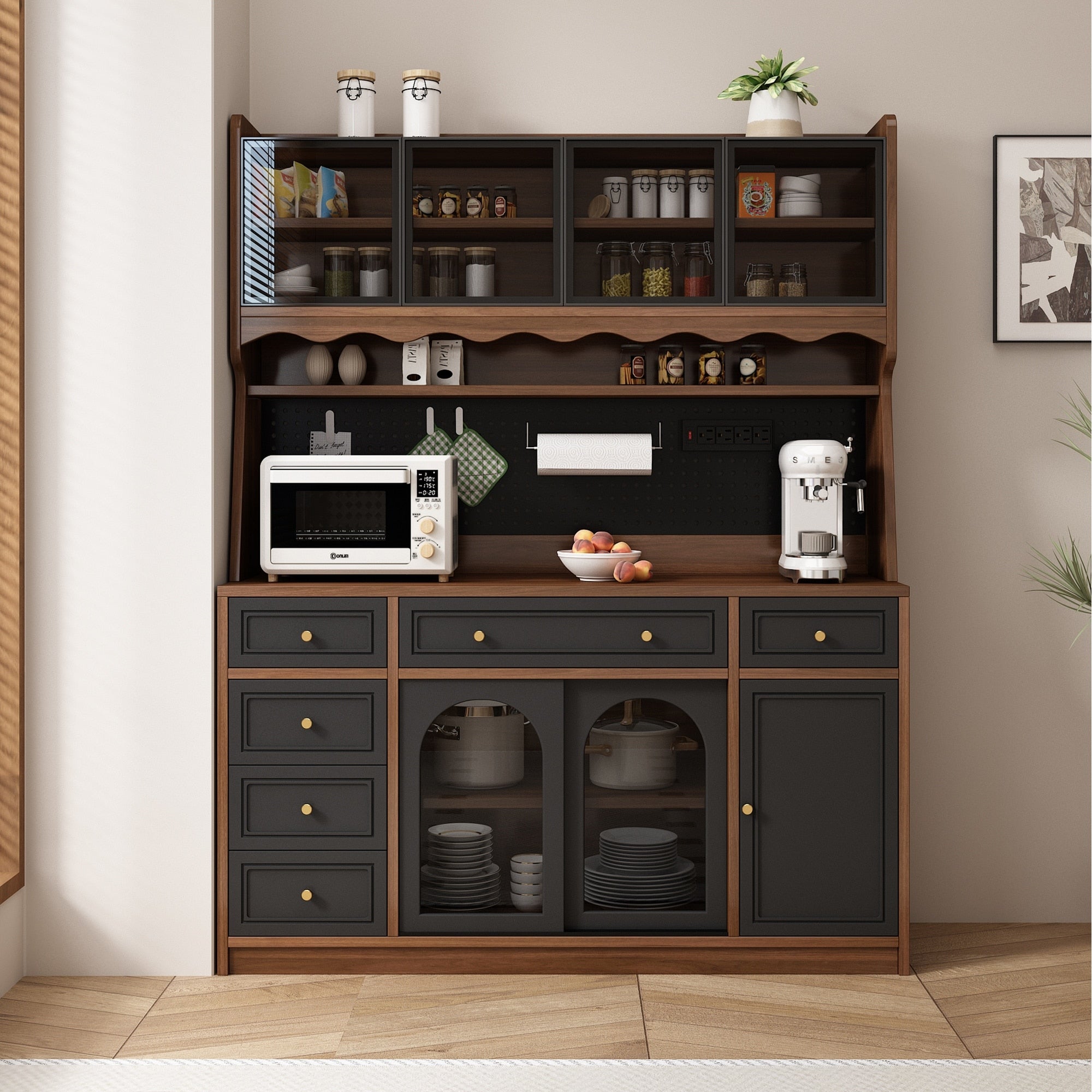 Freestanding 63 W Buffet Storage Cabinet With Hutch Large Coffee Bar With 6 Drawers 4 Cabinets With Adjustable Shelves