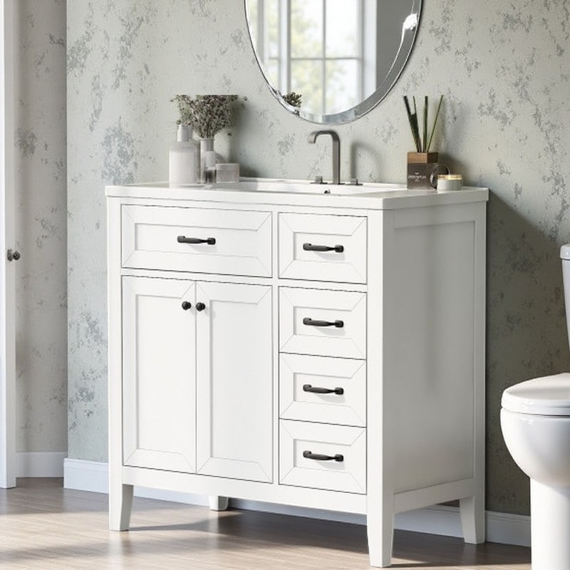 Freestanding Bathroom Vanity With Ceramic Sink Solid Rubber Wood Frame Mdf Cabinet 2 Doors 3 Drawers