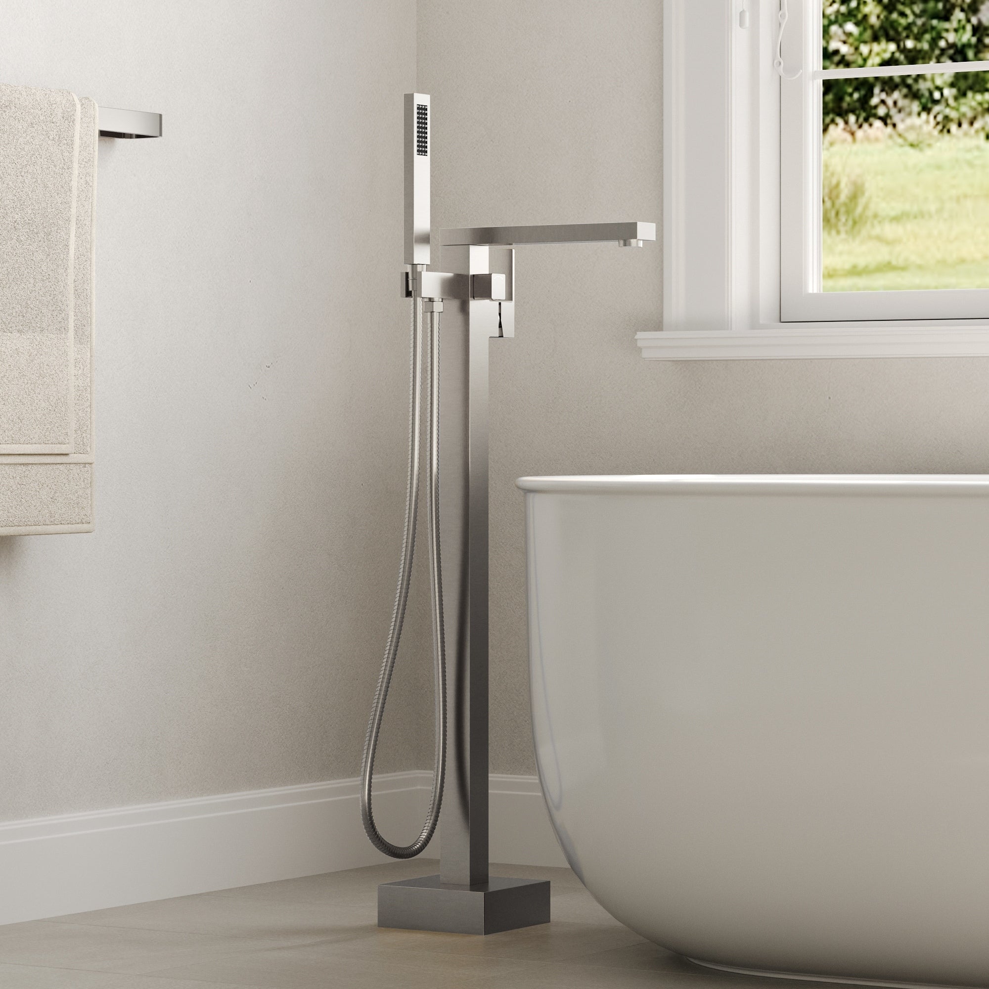 Freestanding Bathtub Faucet With 360 Swivel Spout Single Handle Modern Floor Mount Tub Faucet Set With Hand Shower