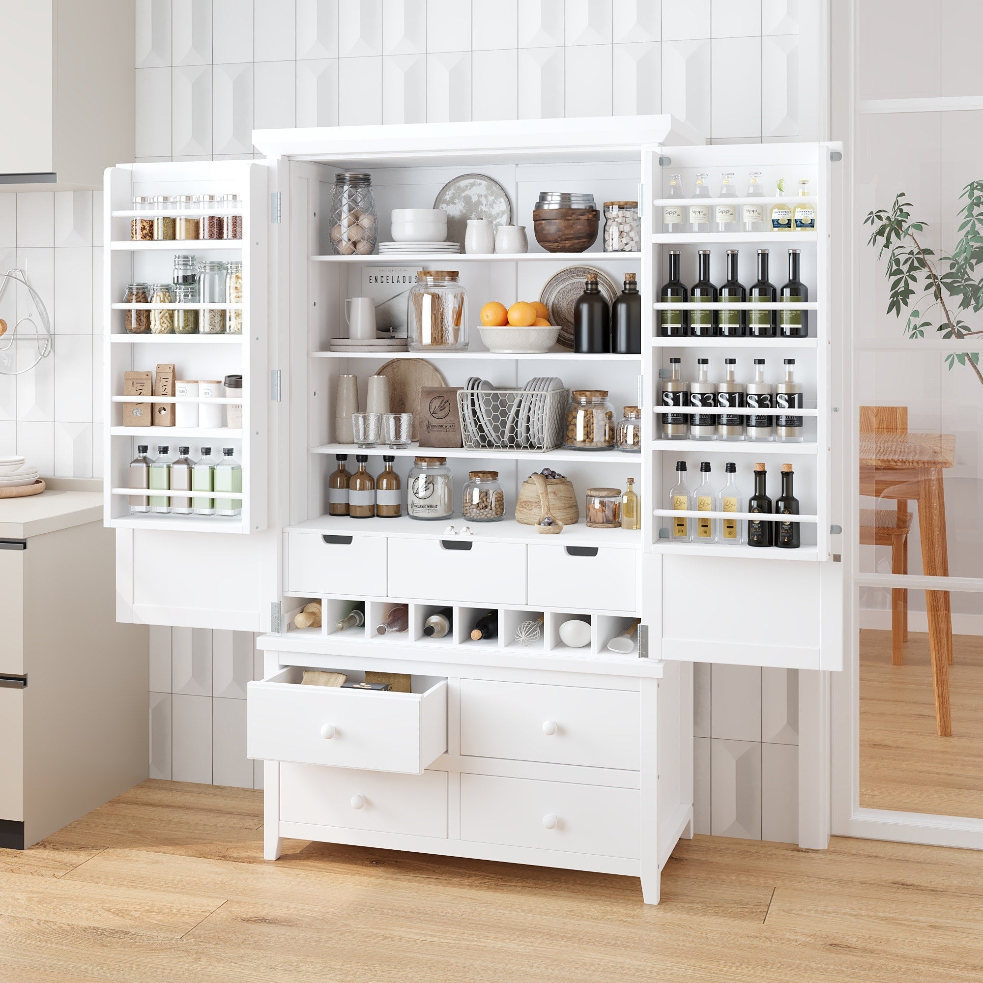 Freestanding Large Kitchen Pantry Wooden Kitchen Storage Cabinet Cupboard With 8 Door Shelves