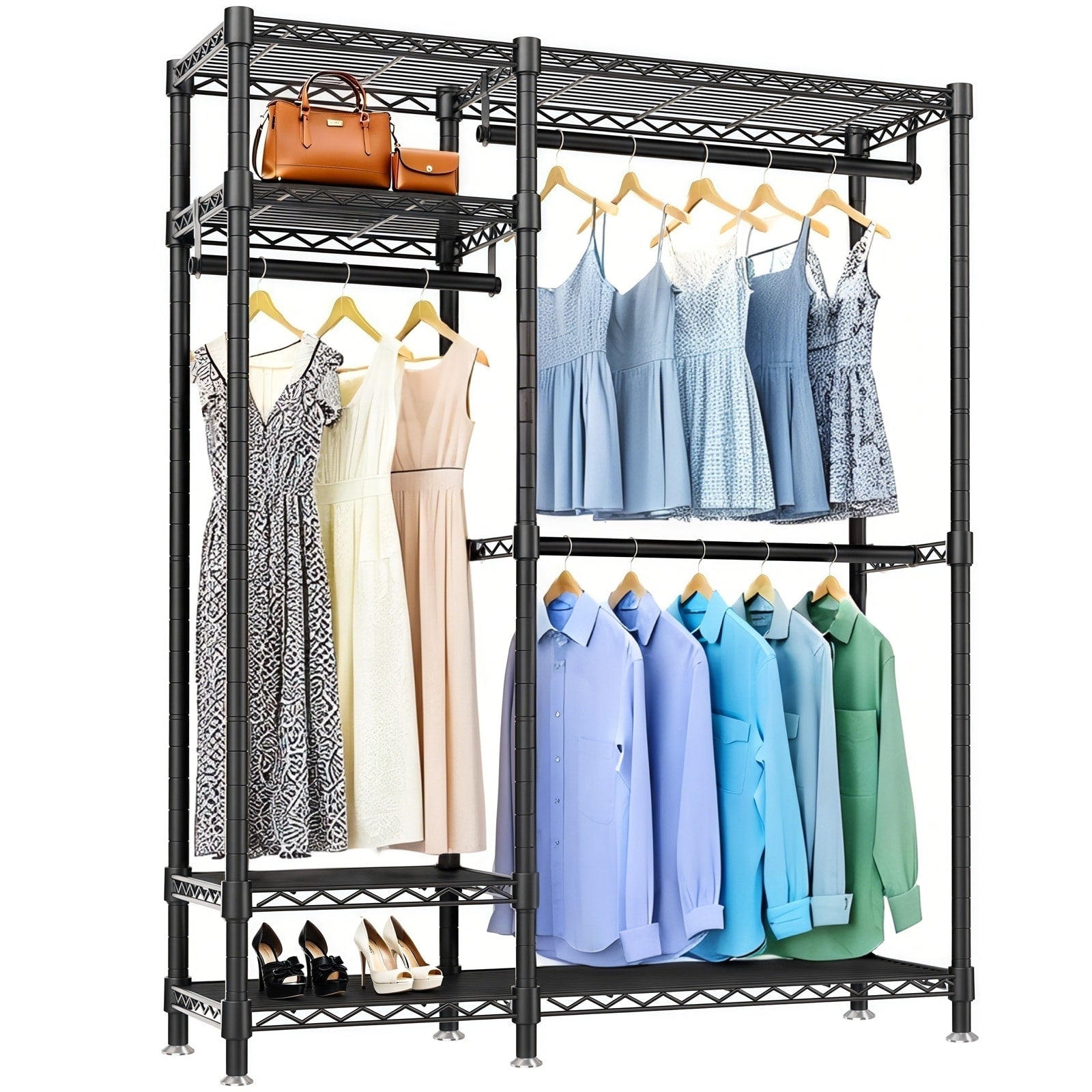 Freestanding Portable Metal Clothes Rack Adjustable Wire Shelving Rack With 6 Adjustable Wire Shelves And 3 Clothes Rails