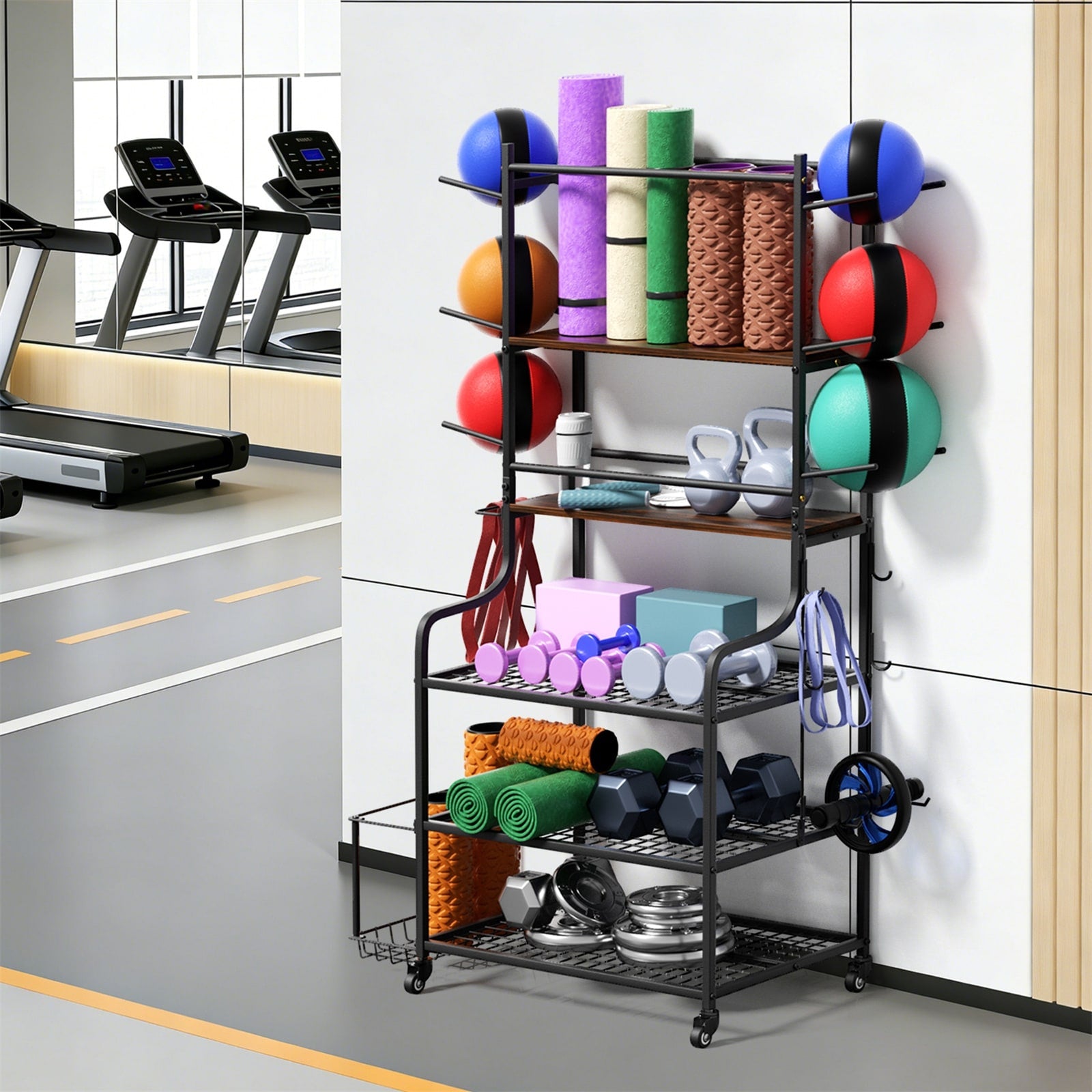 Freestanding Rolling Sports Equipment Organizer Home Gym Storage Rack With Wheels