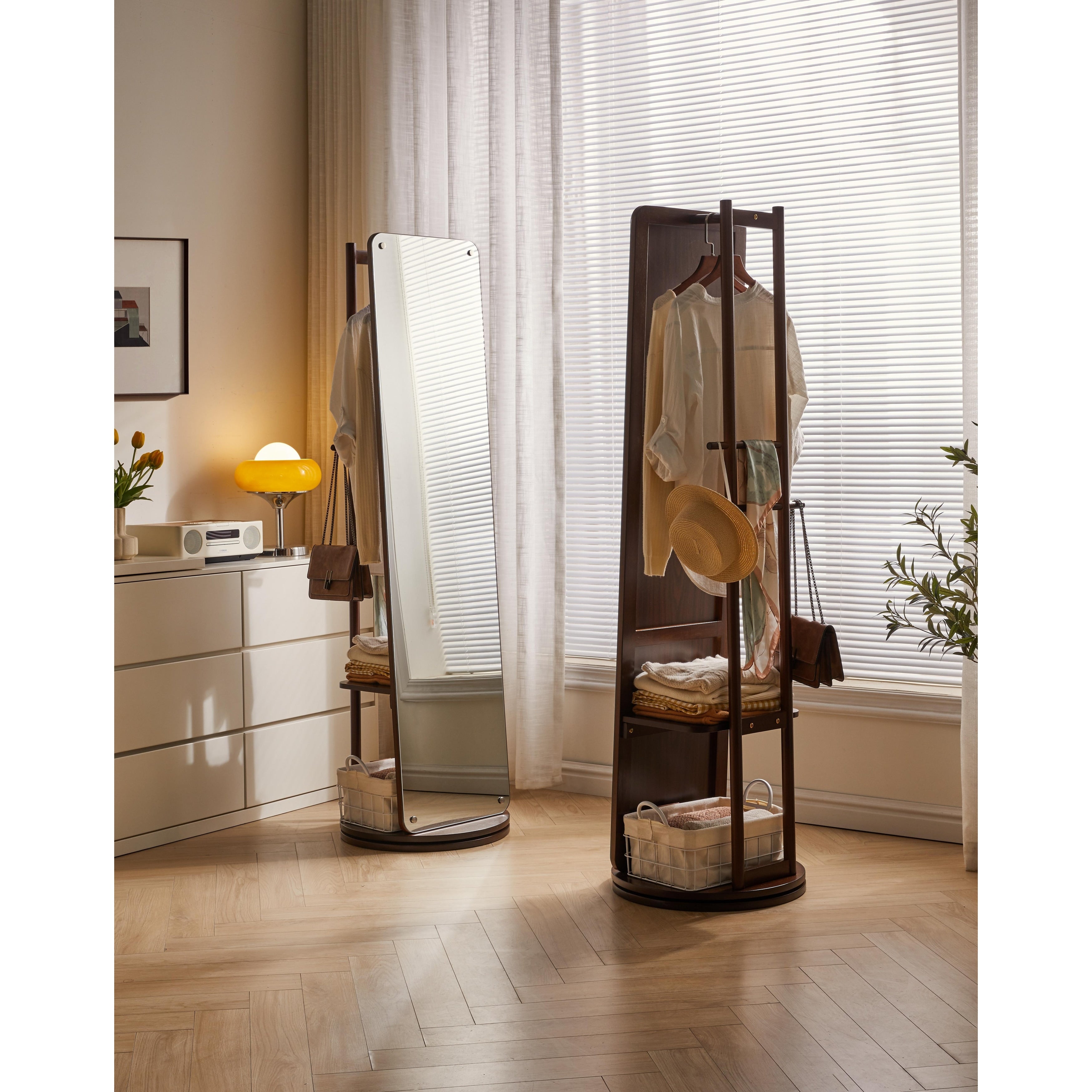 Freestanding Solid Wood Rotating Full Length Mirror With Clothes Rack Storage Shelves For Bedroom Living Room Cloakroom