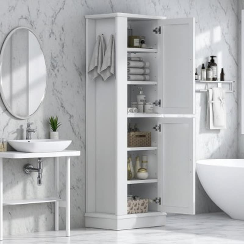 Freestanding Tall Bathroom Storage Cabinet With Adjustable Shelves Side Hook Mdf Waterproof Organizer Unit With Double Doors