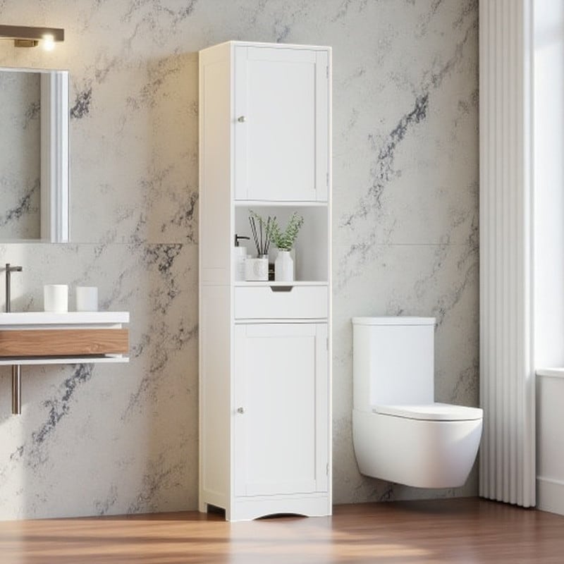 Freestanding Tall Bathroom Storage Cabinet With Adjustable Shelves Narrow Floor Standing Organizer Unit With 2 Doors 1 Drawer