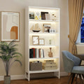 Freestanding Tall Bookcase With Led Lights 5 Tier Bookshelf With Storage Heavy Duty Wood Bookshelf With Adjustable Lighting