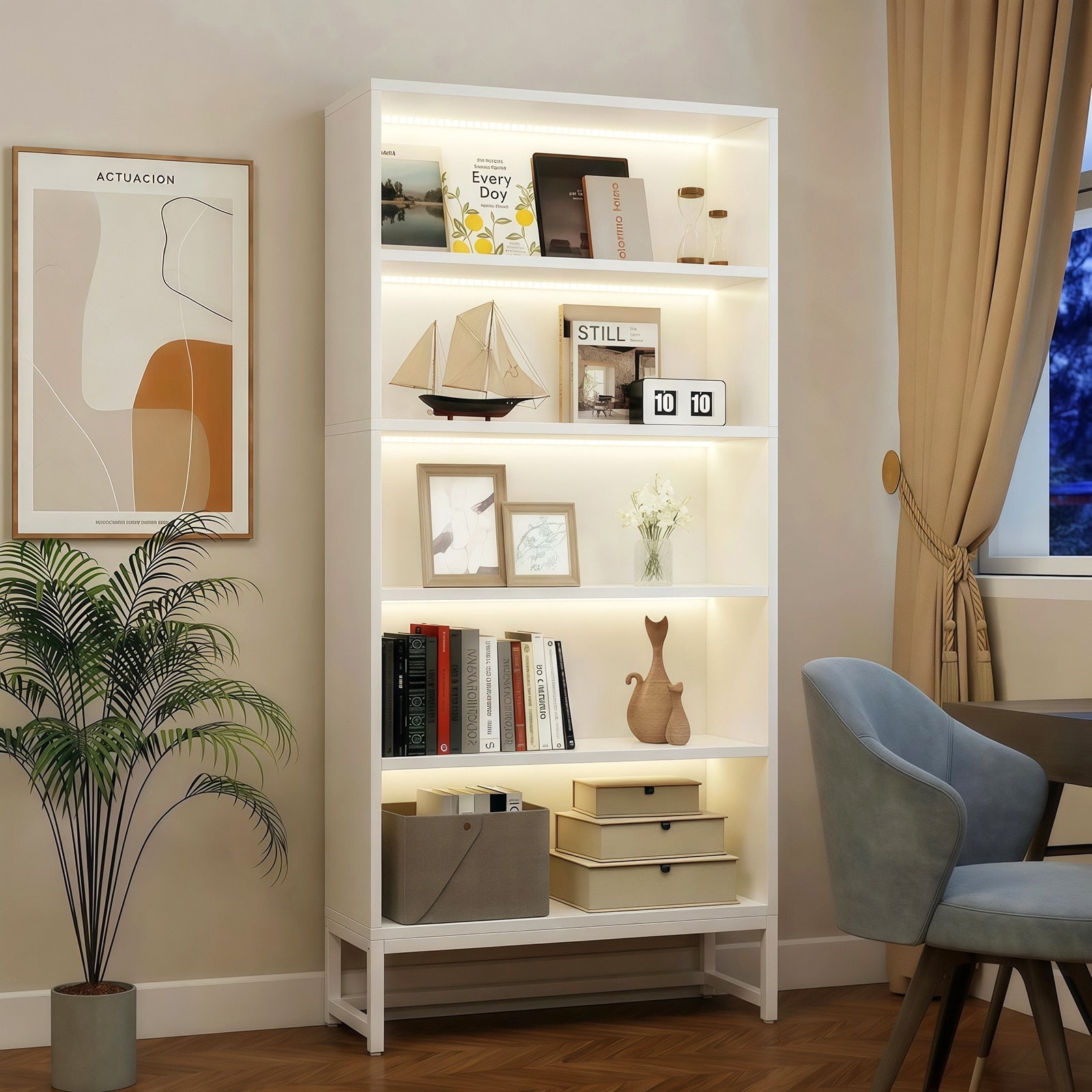 Freestanding Tall Bookcase With Led Lights 5 Tier Bookshelf With Storage Heavy Duty Wood Bookshelf With Adjustable Lighting