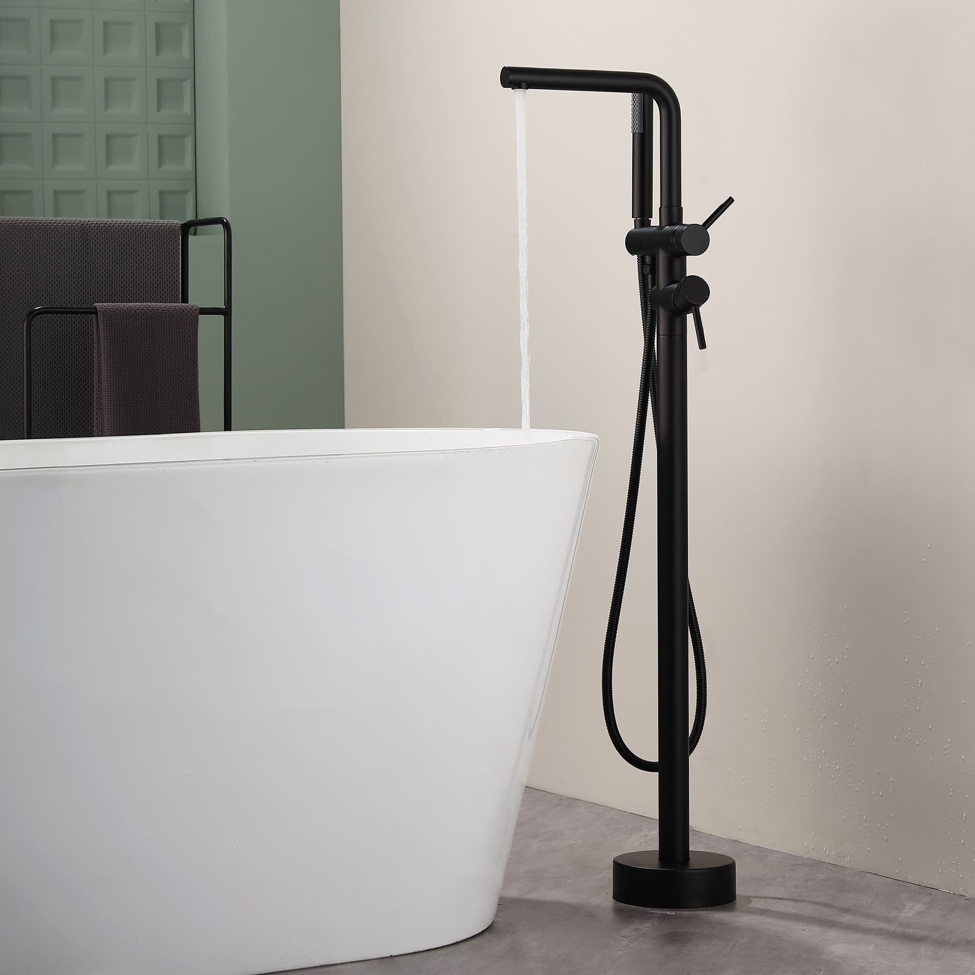 Freestanding Tub Faucet With Hand Shower Modern Matte Black 2 Handle Bathtub Fillers