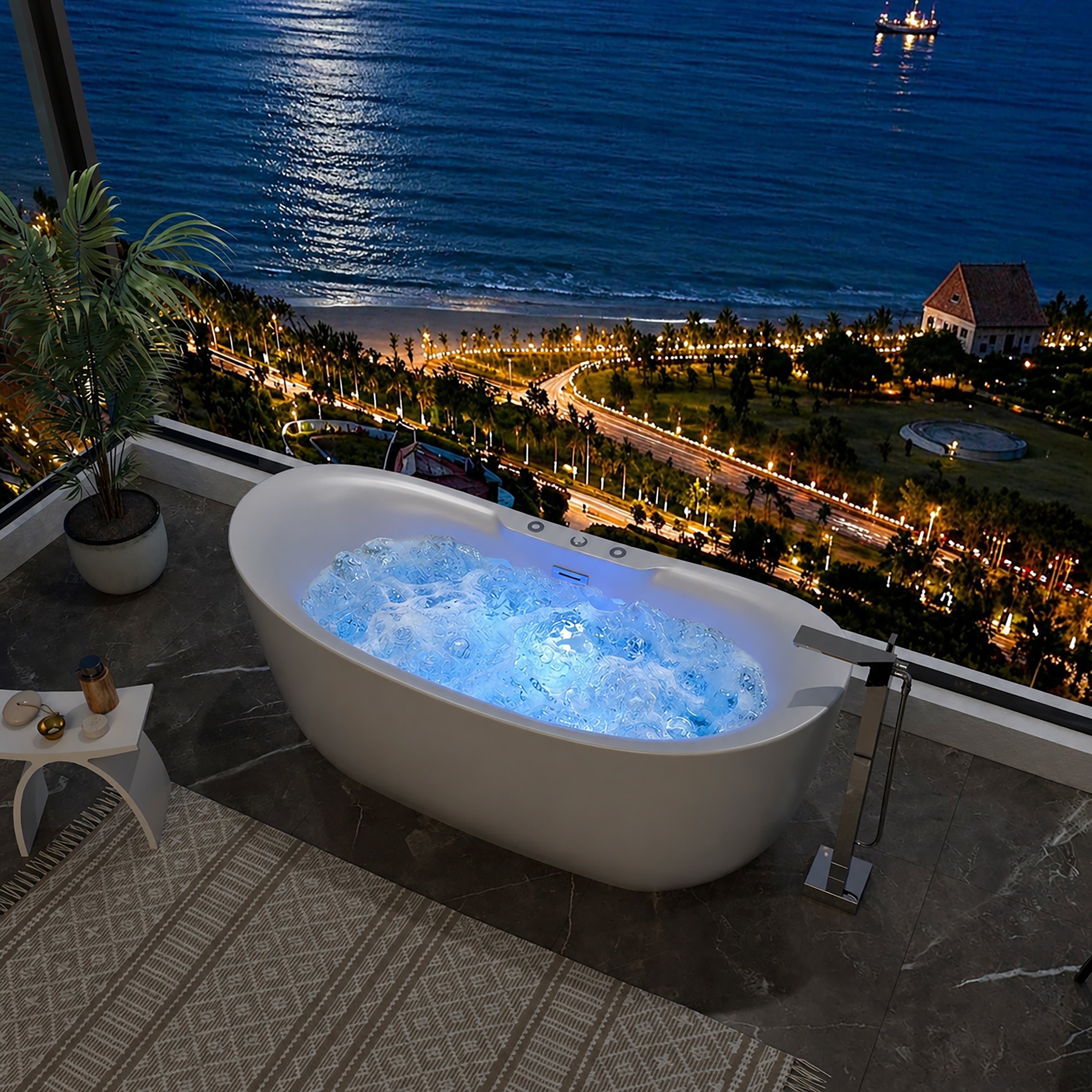 Freestanding Whirlpool Hydrotherapy Bathtub With 10 Water Jets 10 Air Jets Massage Spa System And Chromotherapy Led Lighting