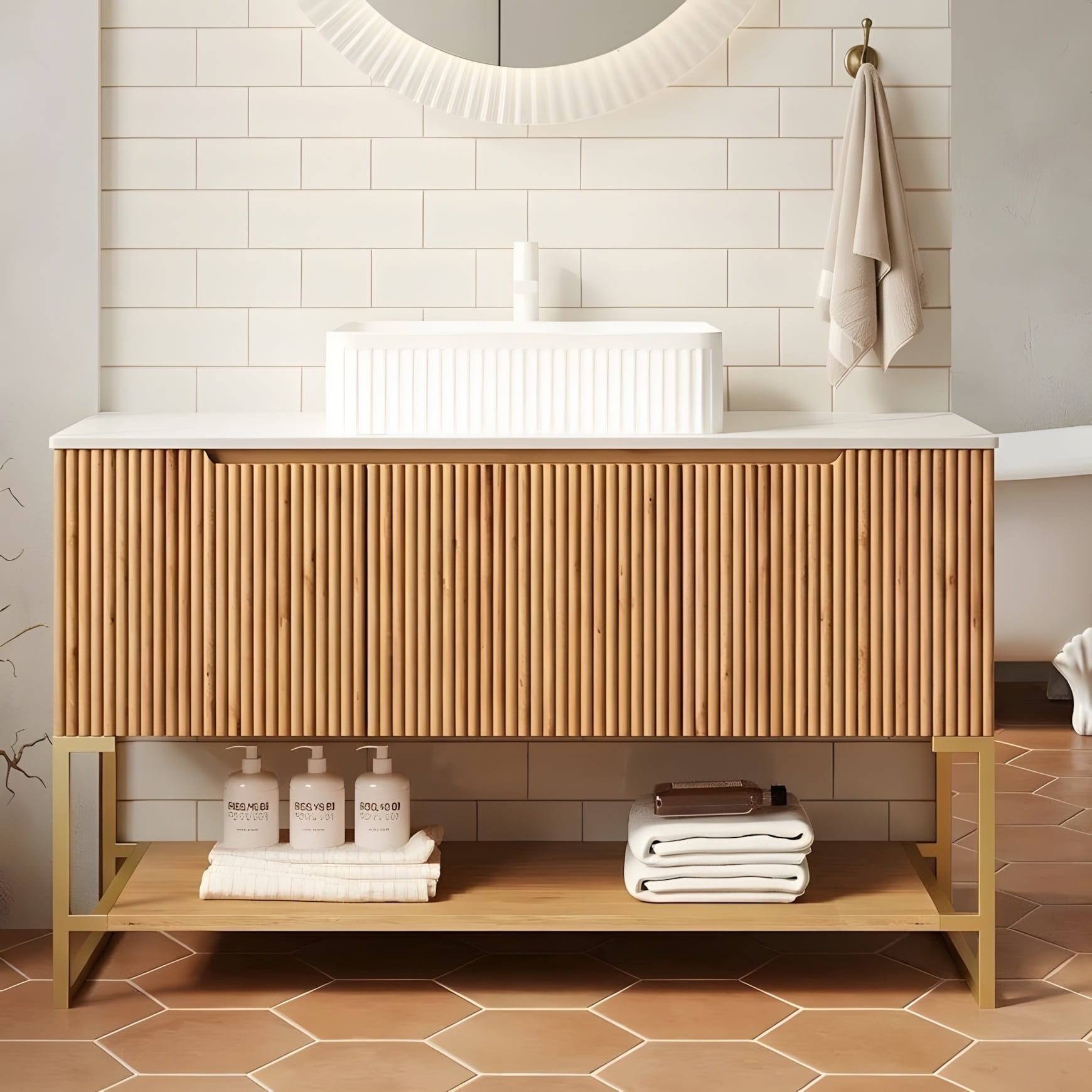 Freestanding Bathroom Cabinet With 3 Doors And Open Shelves 47.64