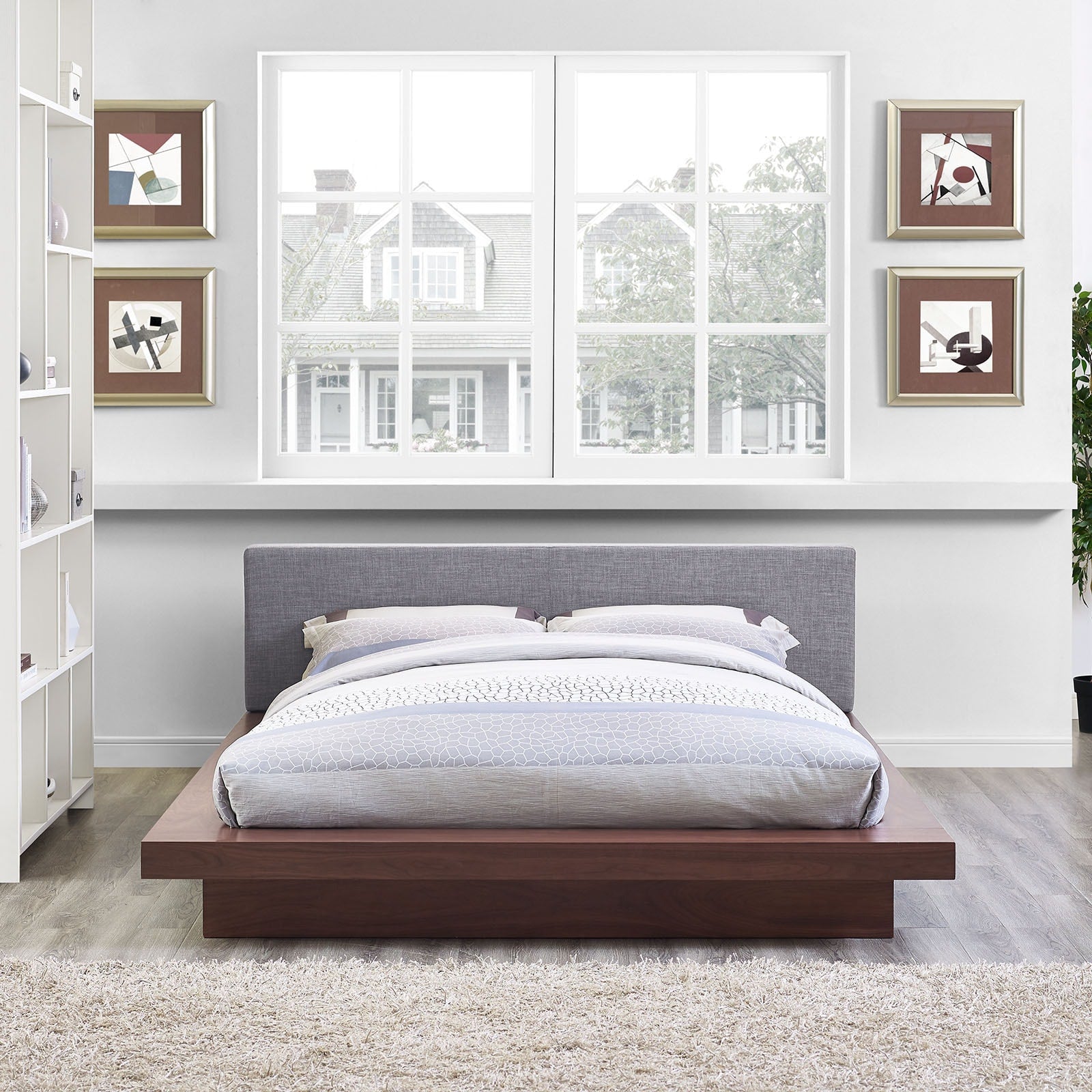 Freja Fabric Platform Bed In Walnut Gray Queen