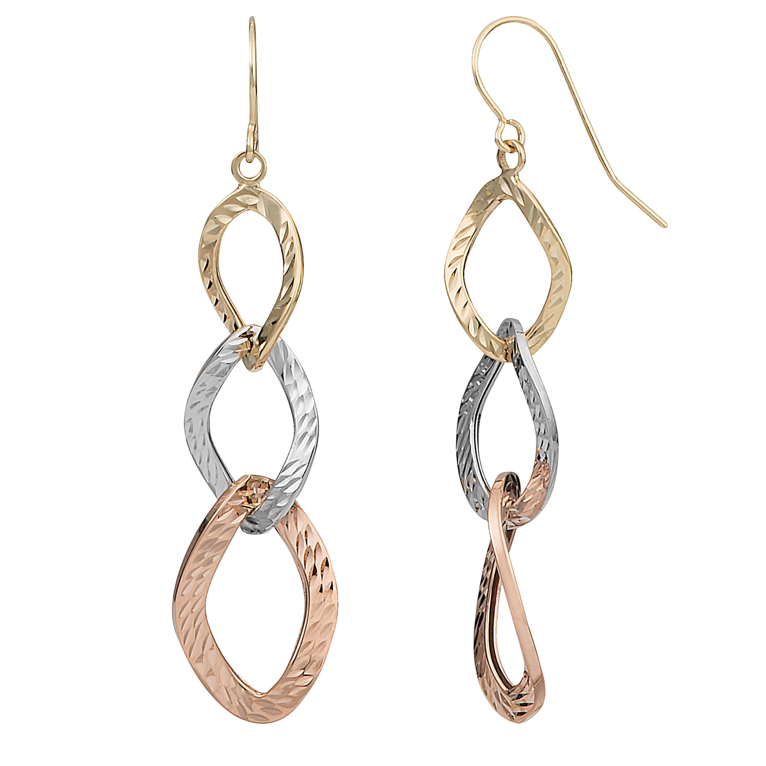 Fremada 10K Tri Color Gold Graduated Diamond Cut Twist Ovals Drop Earrings