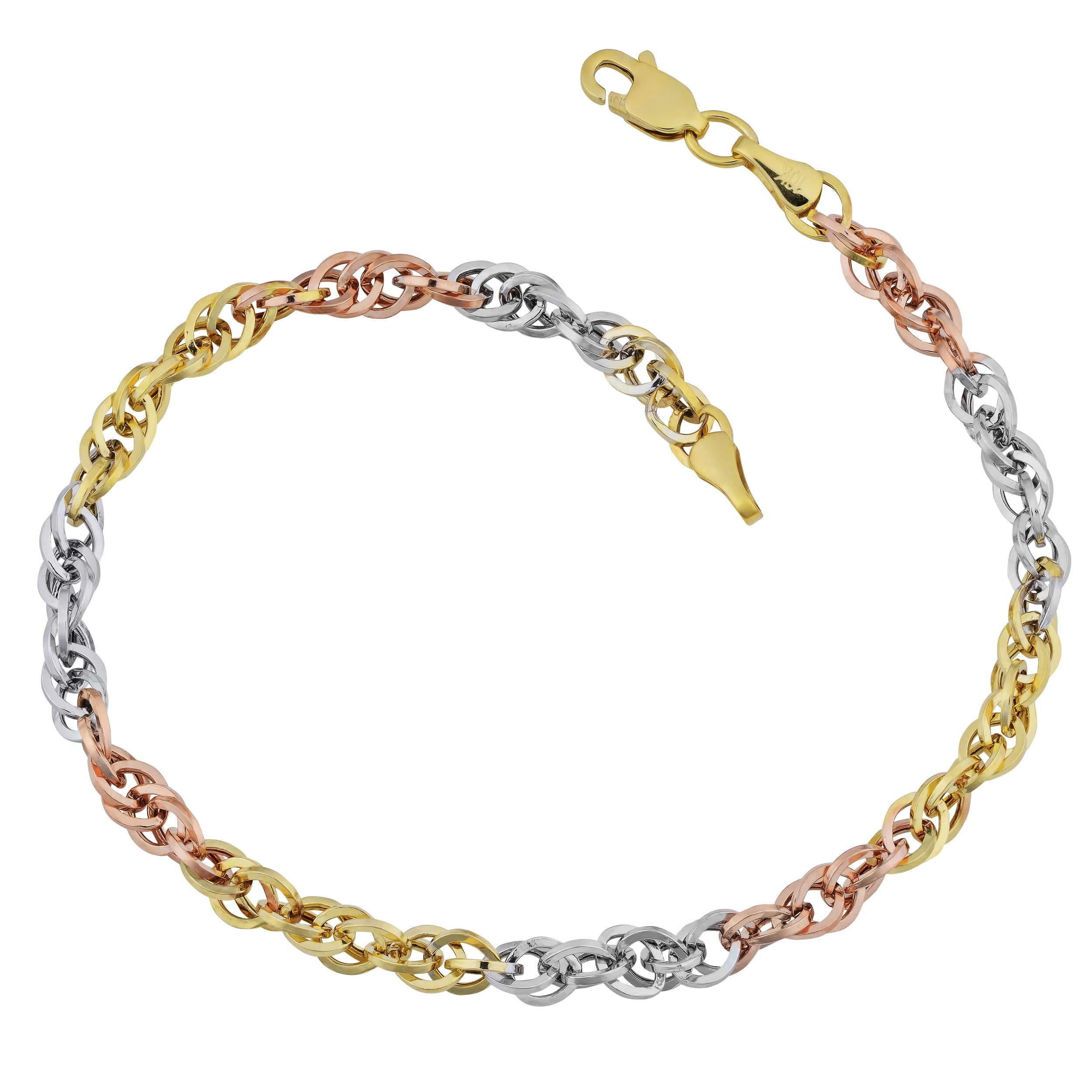 Fremada 10K Tricolor Gold Double Cable Link Bracelet 7.25 Inches