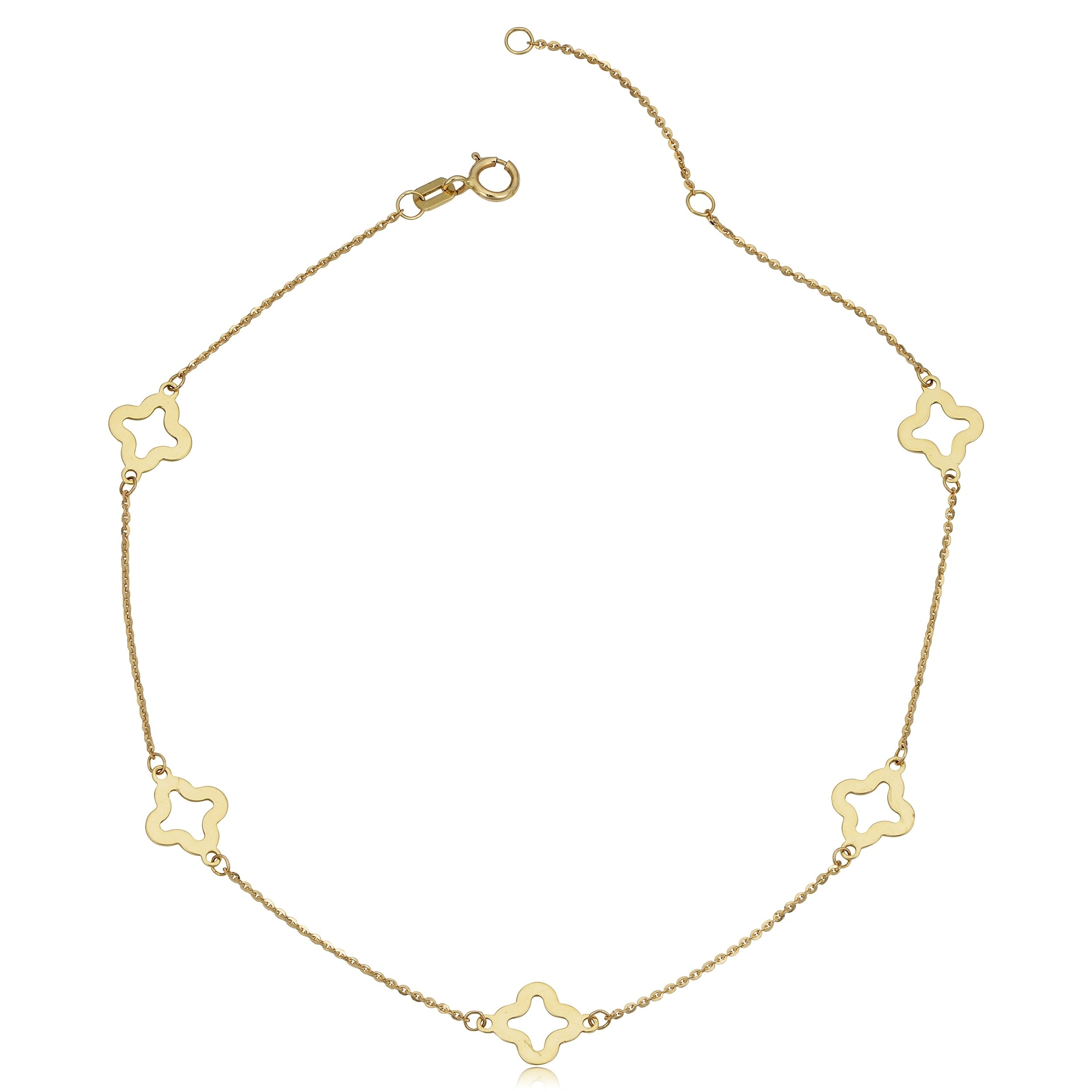 14K Yellow Gold Stylish Flower Station Anklet 10 Inches
