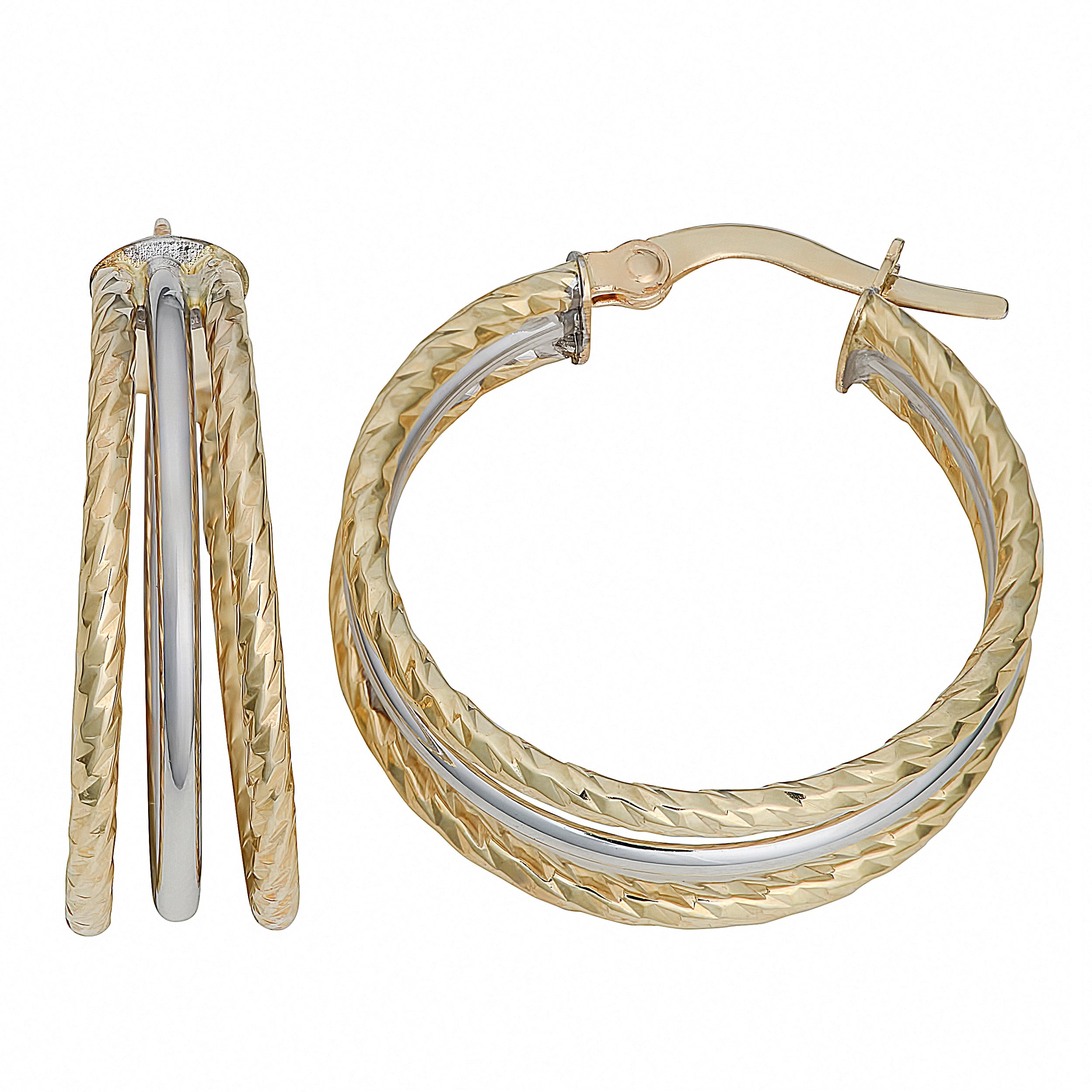 Fremada Italian 14K Two Tone Gold Diamond Cut And High Polish Triple Hoop Earrings