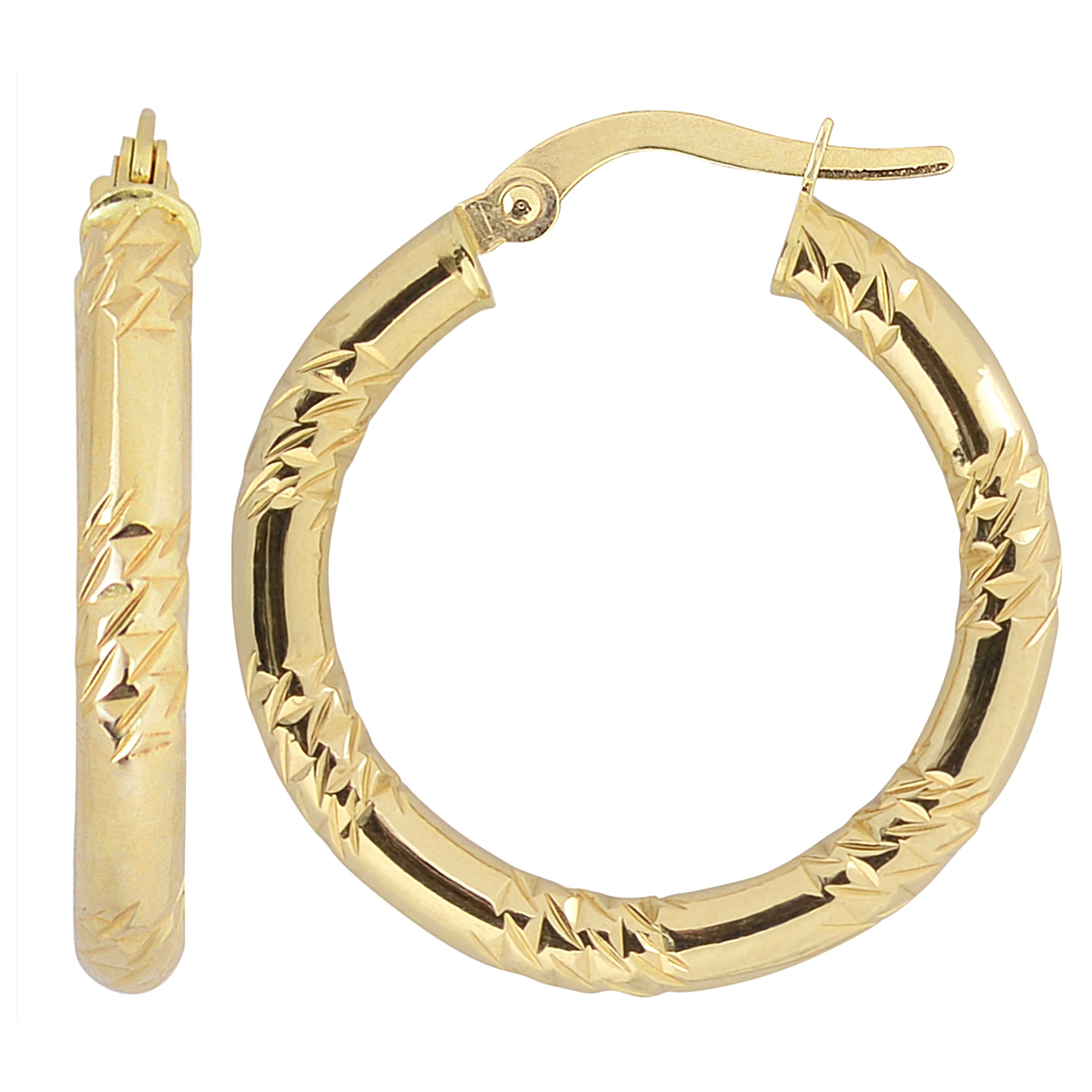 Fremada Italian 14K Yellow Gold 3X20 Mm Diamond Cut And High Polish Round Hoop Earrings