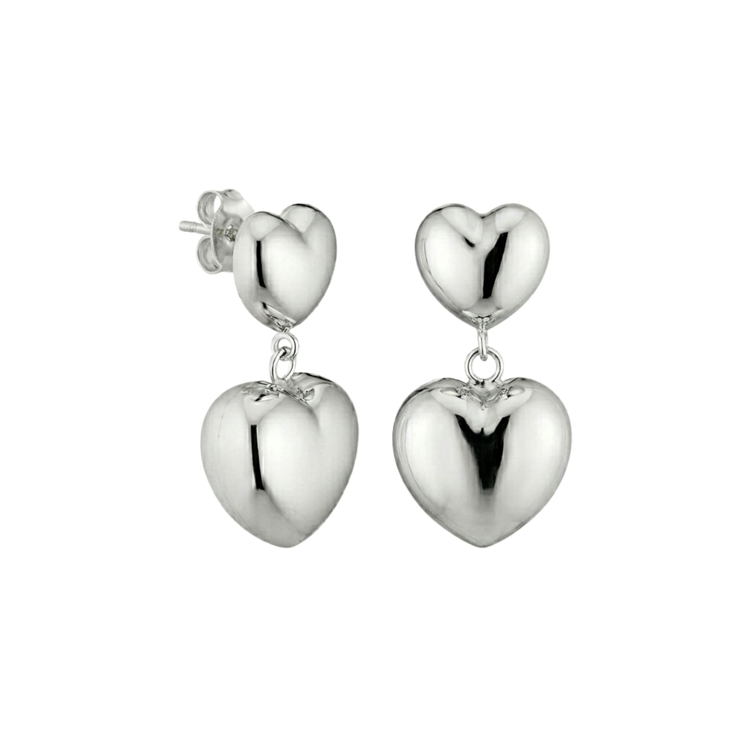 Rhodium Plated Silver Chunky Double Puffed Heart Earrings