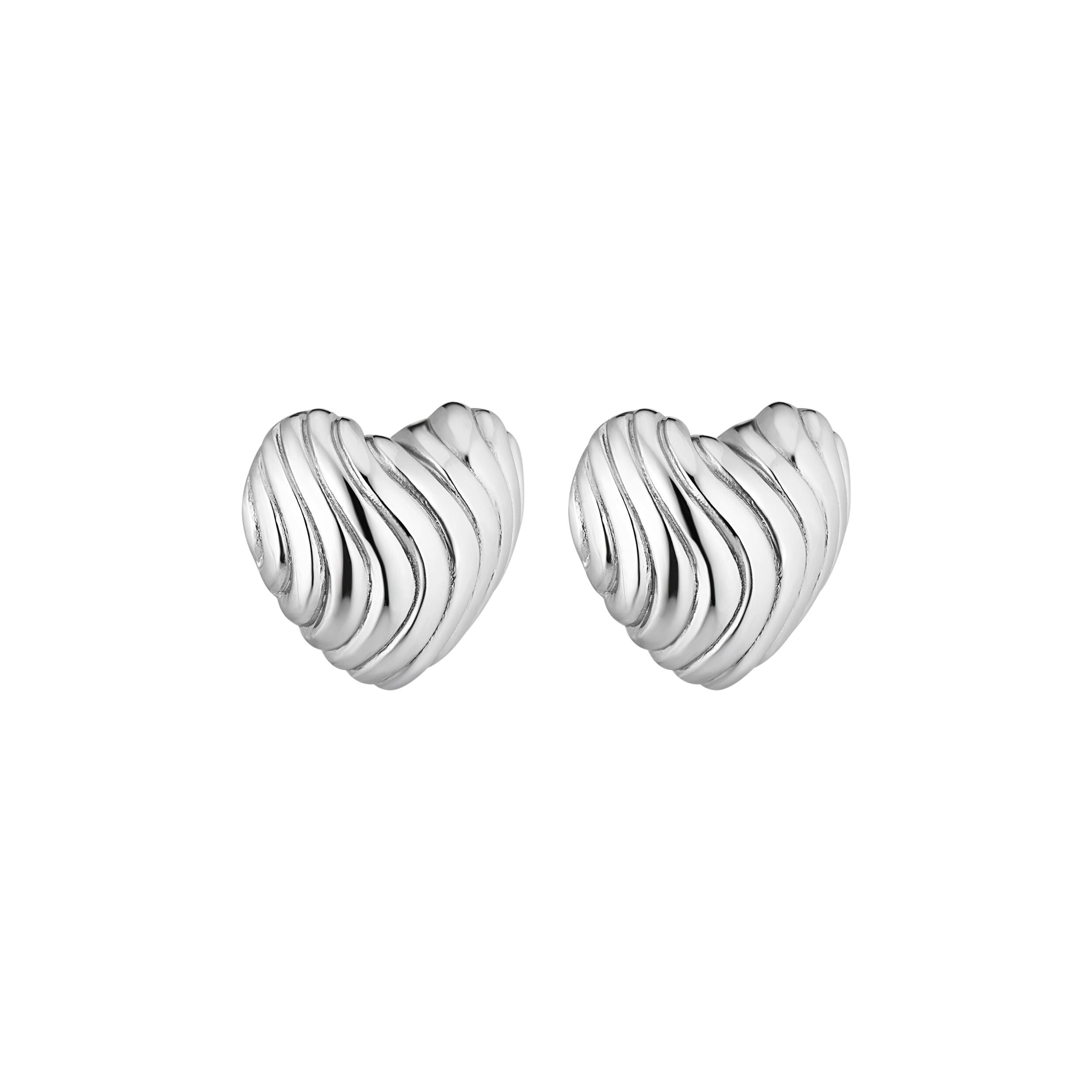 Rhodium Plated Silver Domed Hearts Marked Stud Earrings