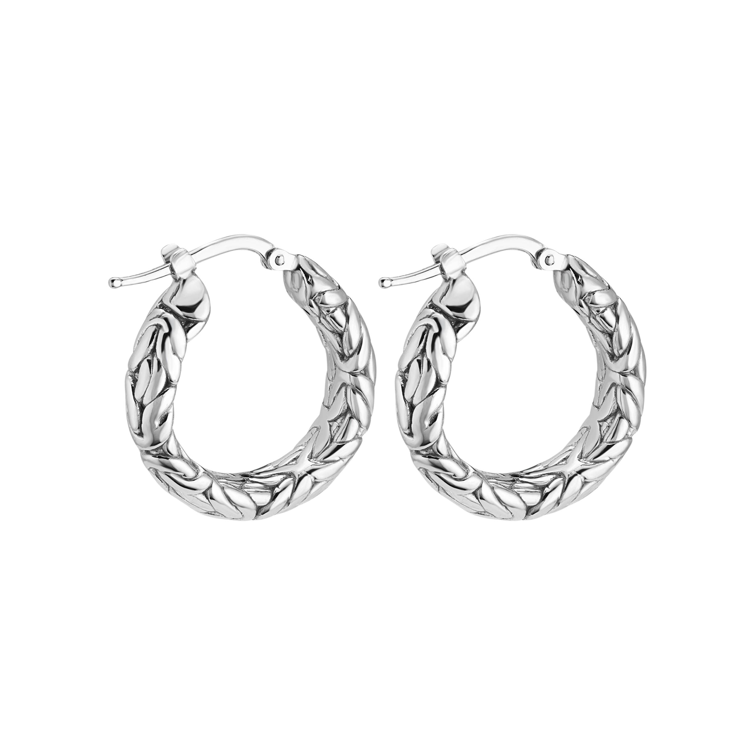 Rhodium Plated Italian Silver 5.8Mm Byzantine Hoop Earrings