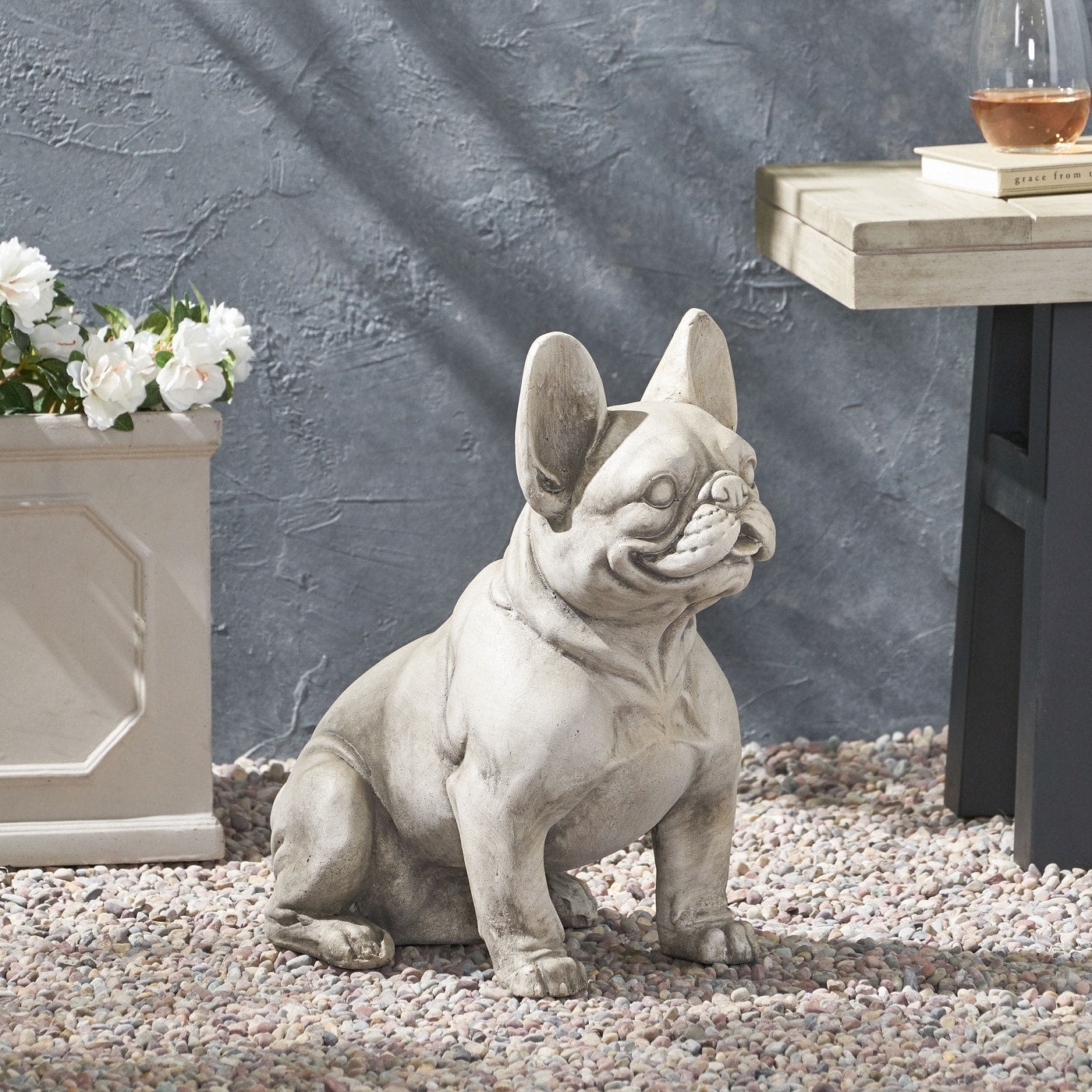 French Bulldog Dog Garden Sculpture Outdoor Garden Statue Rustic White Finish No Assembly Required 16