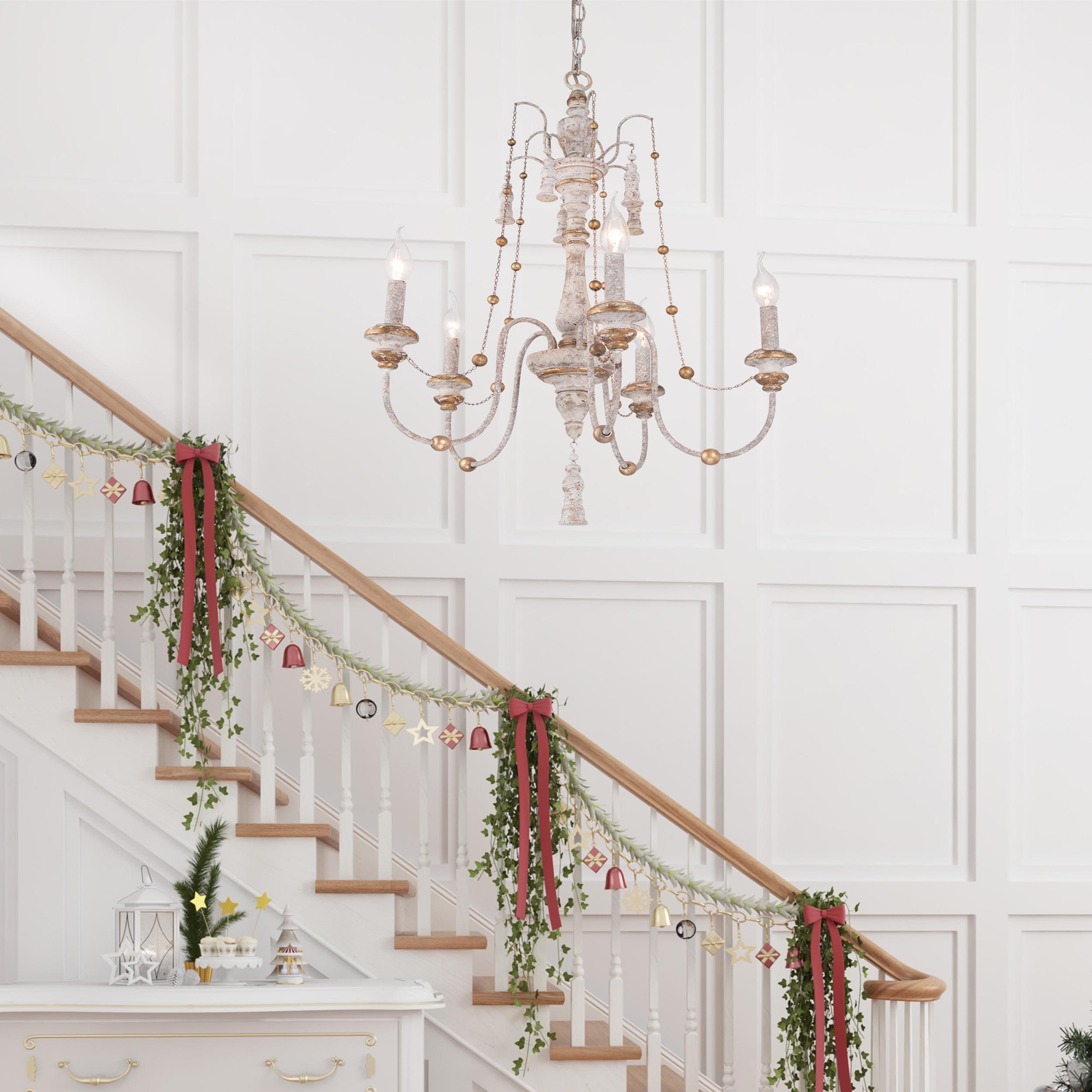 French Country Chic White Chandelier Empire Wood Ceiling Lighting D 21.6 X H 30.3