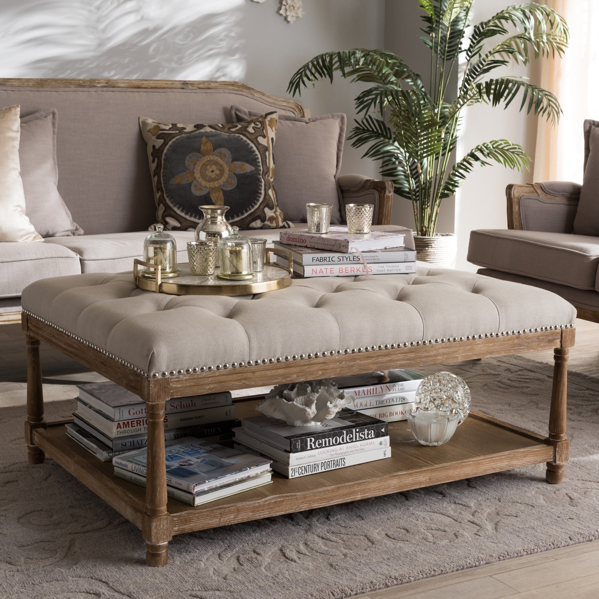 French Country Beige Linen Rectangular Ottoman By Baxton Studio