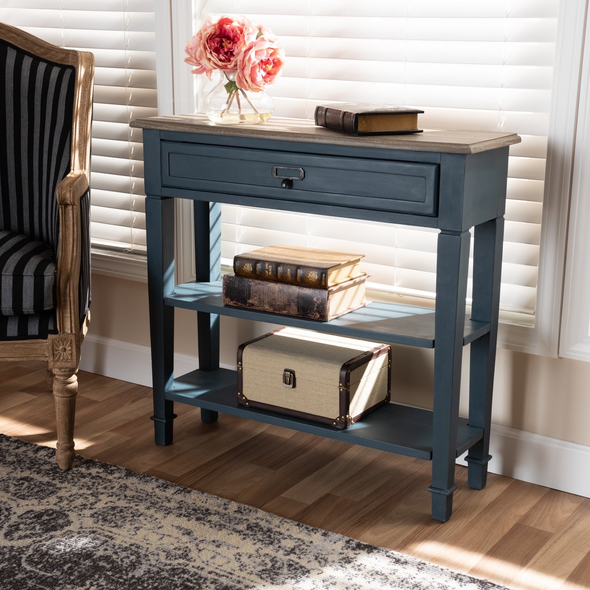 French Country Blue Spruce Fiinished Wood Accent Console Table