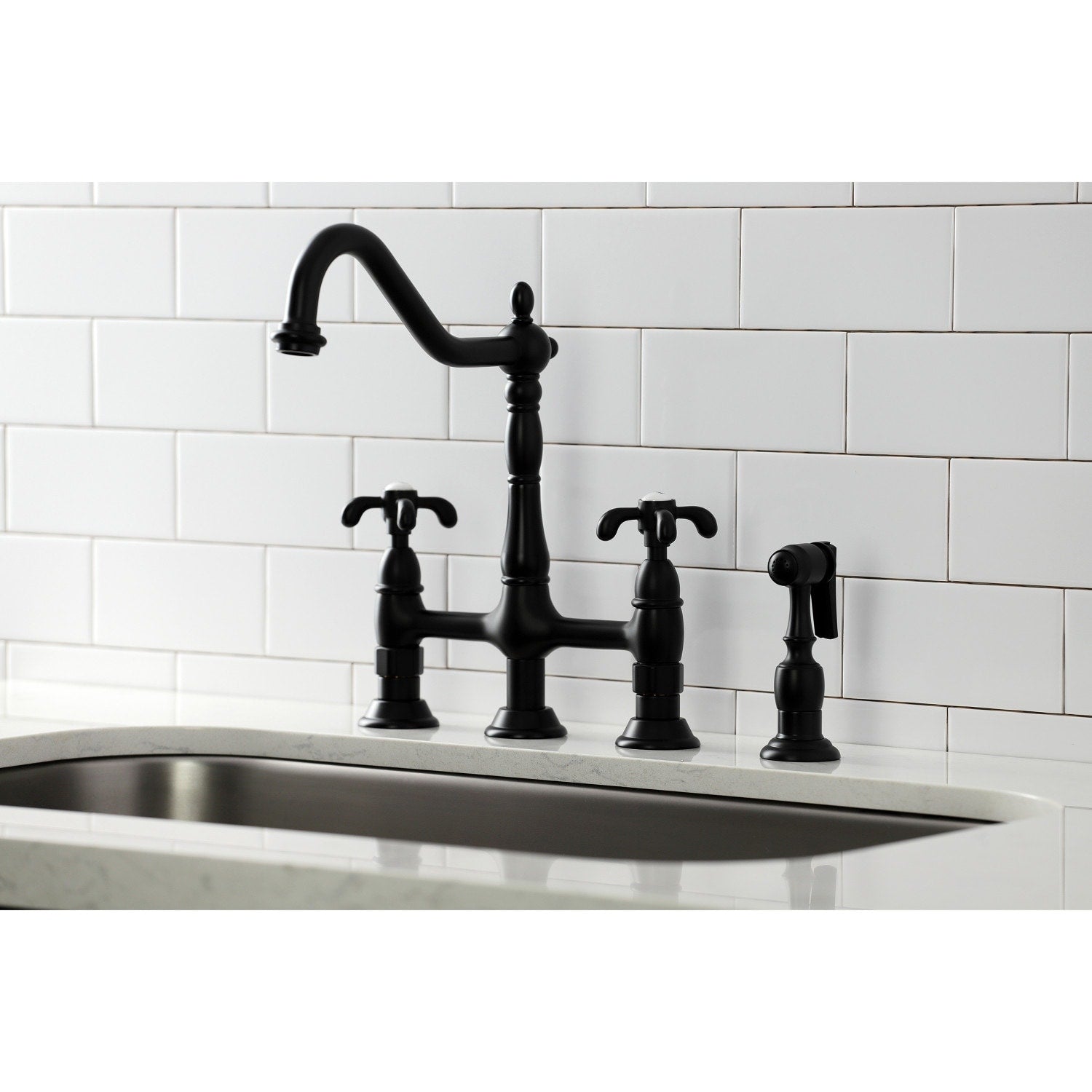 French Country Bridge Kitchen Faucet With Brass Sprayer
